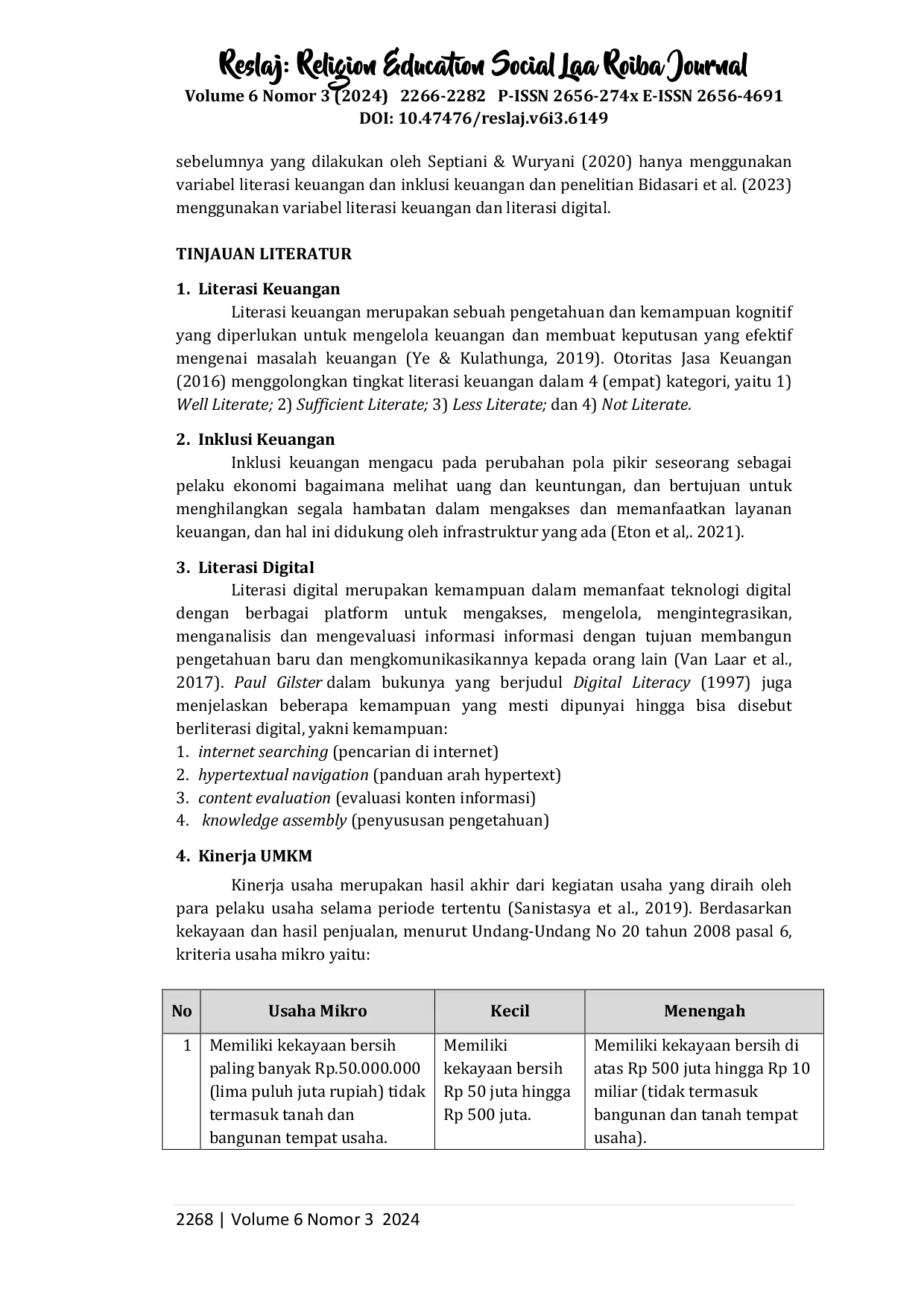 JURIS Determinasi Literasi Keuangan Inklusi Keuangan dan Literasi Digital terhadap Kinerja Usaha Mikro Kecil Menengah Studi pada UMKM di Kabupaten Sumenep