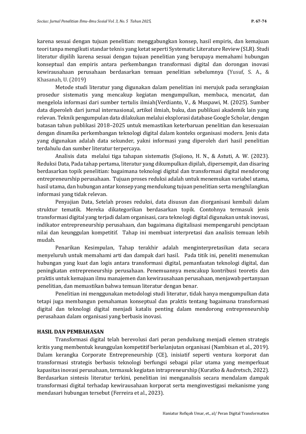 JURIS Peran Digital Transformation dan Teknologi Digital dalam Memacu Corporate Entrepreneurship Tinjauan Literatur