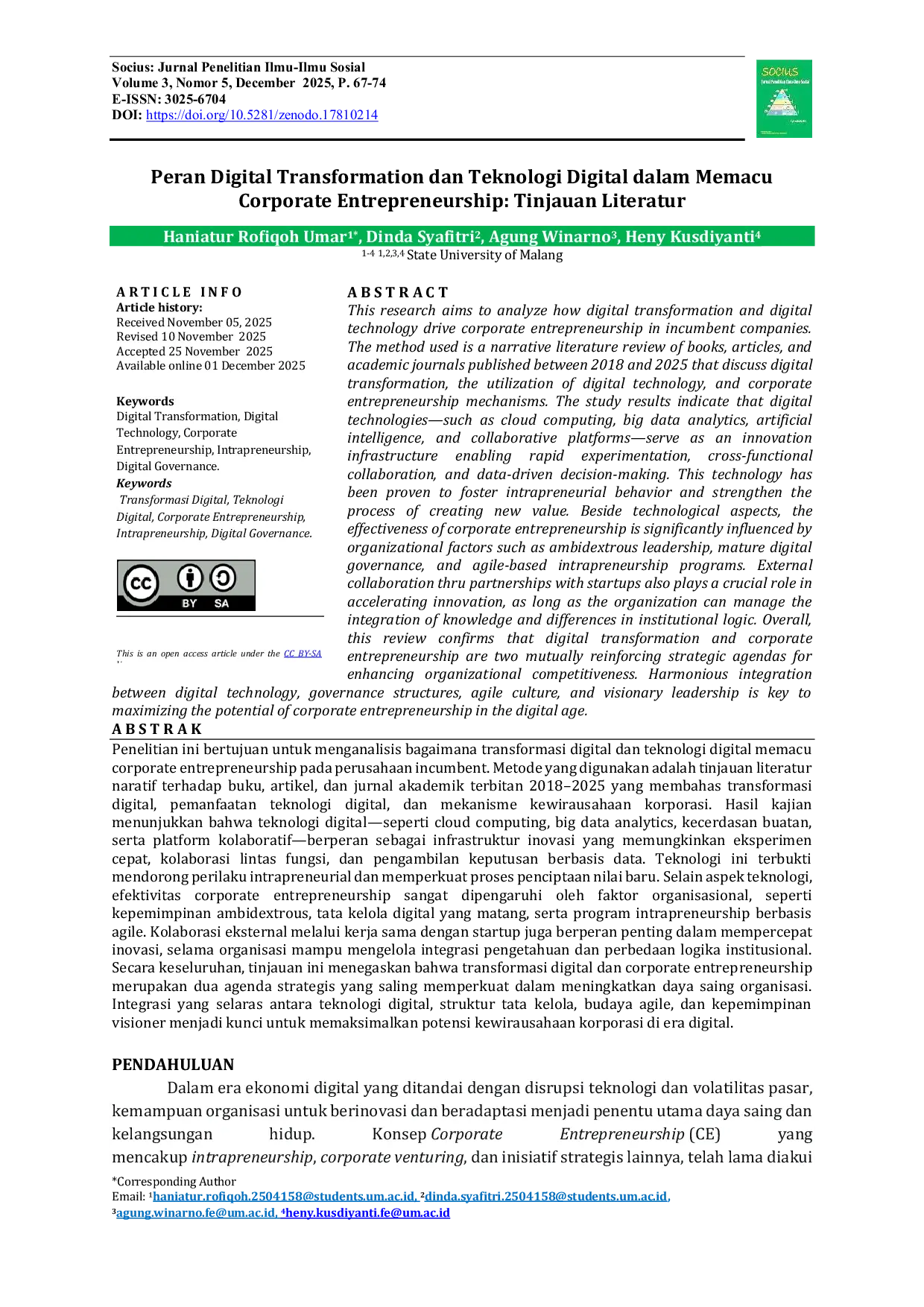 JURIS Peran Digital Transformation dan Teknologi Digital dalam Memacu Corporate Entrepreneurship Tinjauan Literatur