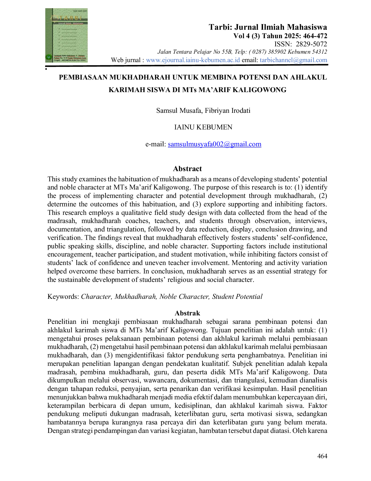JURIS Pembiasaan Mukhadharah untuk Membina Potensi dan Ahlakul Karimah Siswa di MTs Ma arif Kaligowong