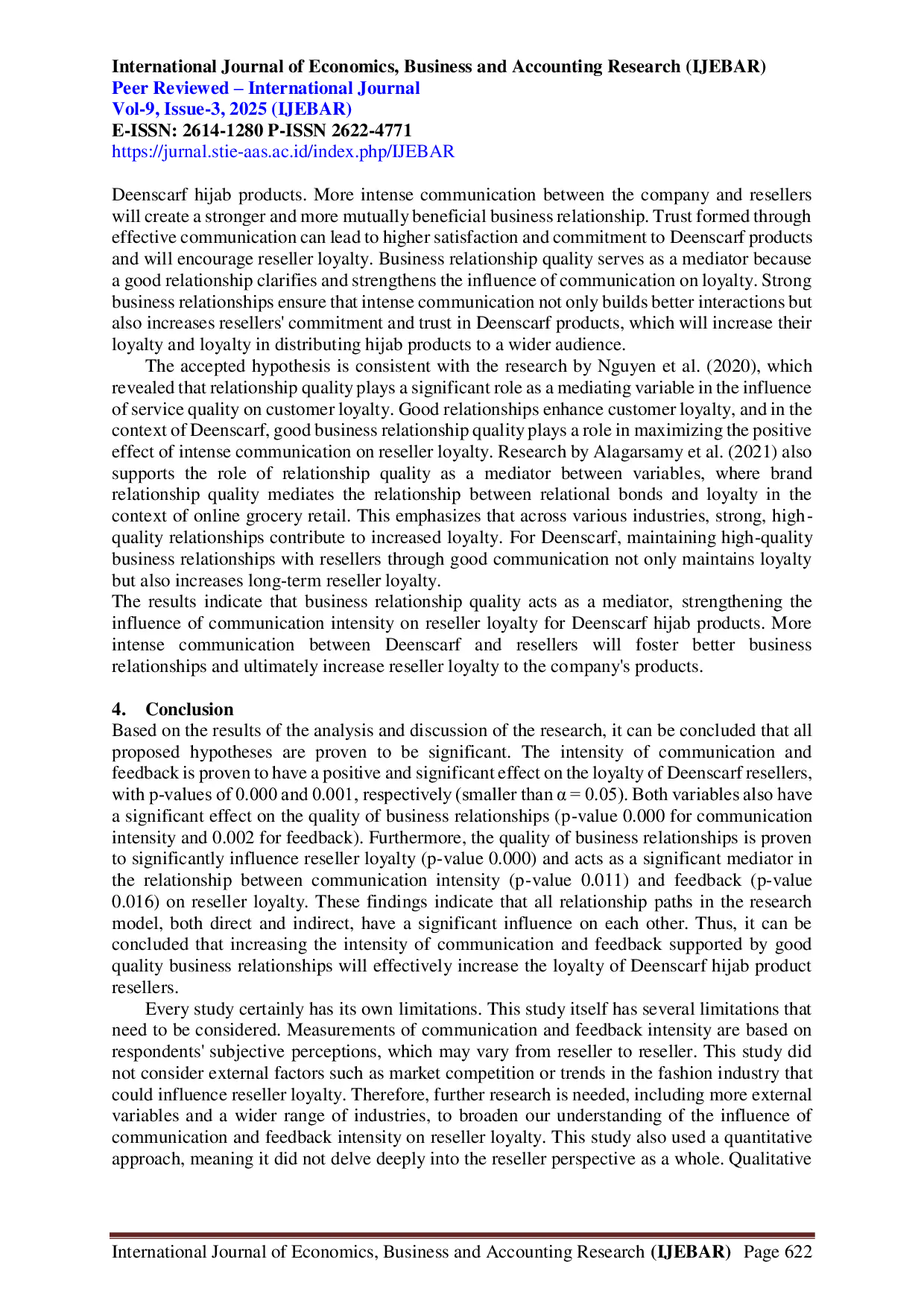 JURIS Analisis Pengaruh Intensitas Komunikasi Dan Umpan Balik Terhadap Loyalitas Reseller Dengan Kualitas Hubungan Bisnis Sebagai Variabel Intervening