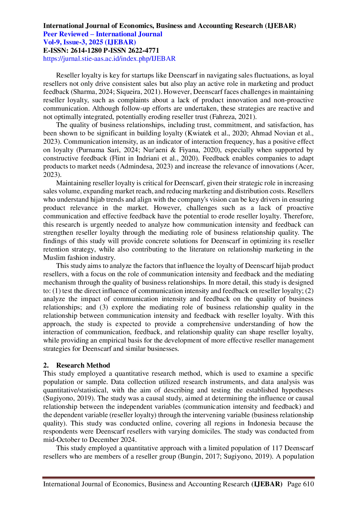 JURIS Analisis Pengaruh Intensitas Komunikasi Dan Umpan Balik Terhadap Loyalitas Reseller Dengan Kualitas Hubungan Bisnis Sebagai Variabel Intervening