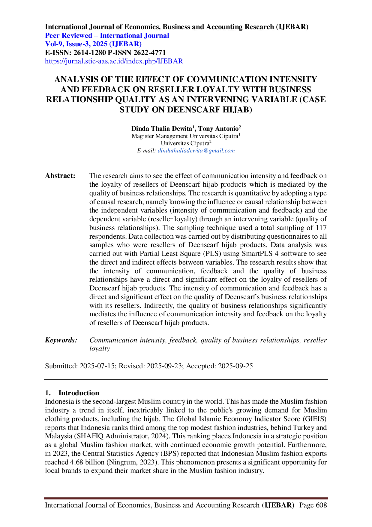 JURIS Analisis Pengaruh Intensitas Komunikasi Dan Umpan Balik Terhadap Loyalitas Reseller Dengan Kualitas Hubungan Bisnis Sebagai Variabel Intervening