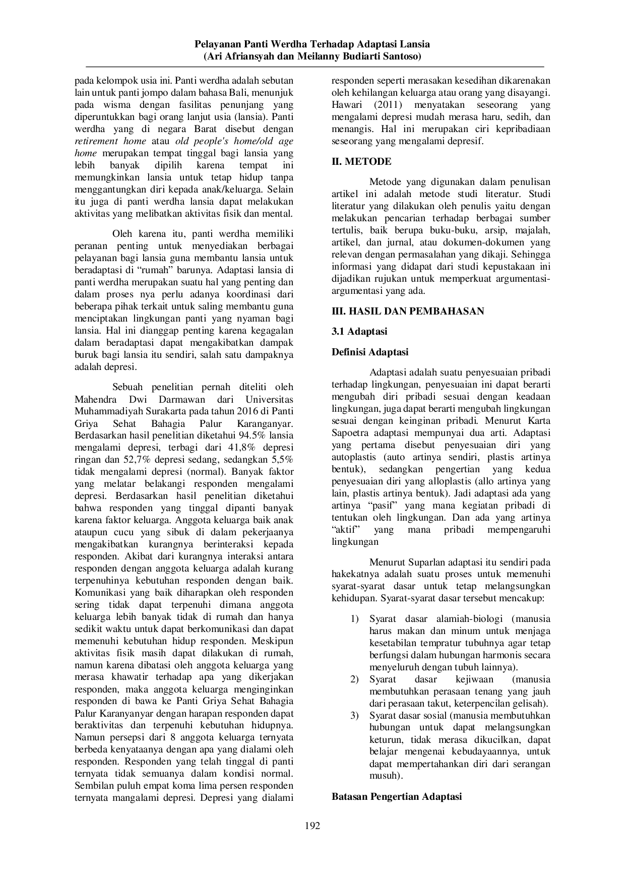 JURIS Pelayanan Panti Werdha Terhadap Adaptasi Lansia