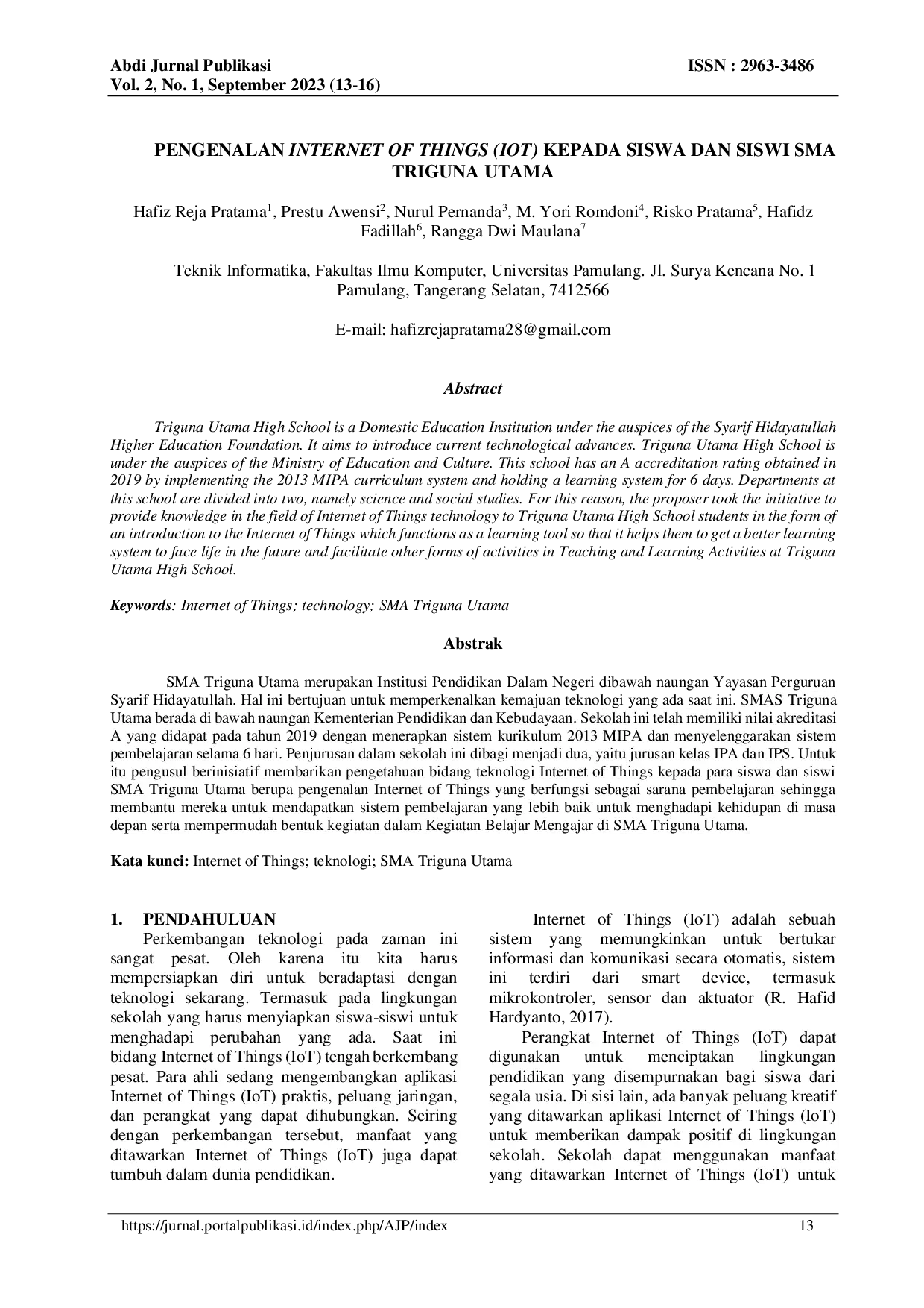 juris Pengenalan Internet of Things IoT Kepada Siswa dan Siswi SMA