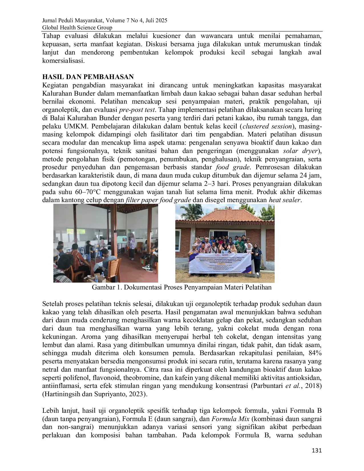 JURIS Inovasi Pemanfaatan Daun Kakao Pelatihan Pembuatan Seduhan Herbal untuk Pemberdayaan Ekonomi Komunitas Petani Kakao