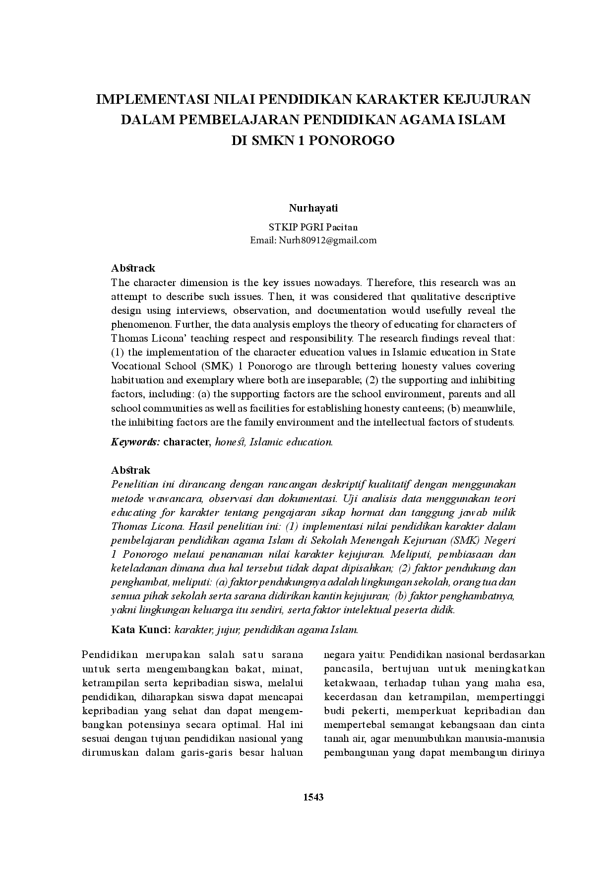 juris Implementasi Nilai Pendidikan Karakter Kejujuran dalam Pembelajaran Pendidikan Agama Islam di SMKN 1 Ponorogo