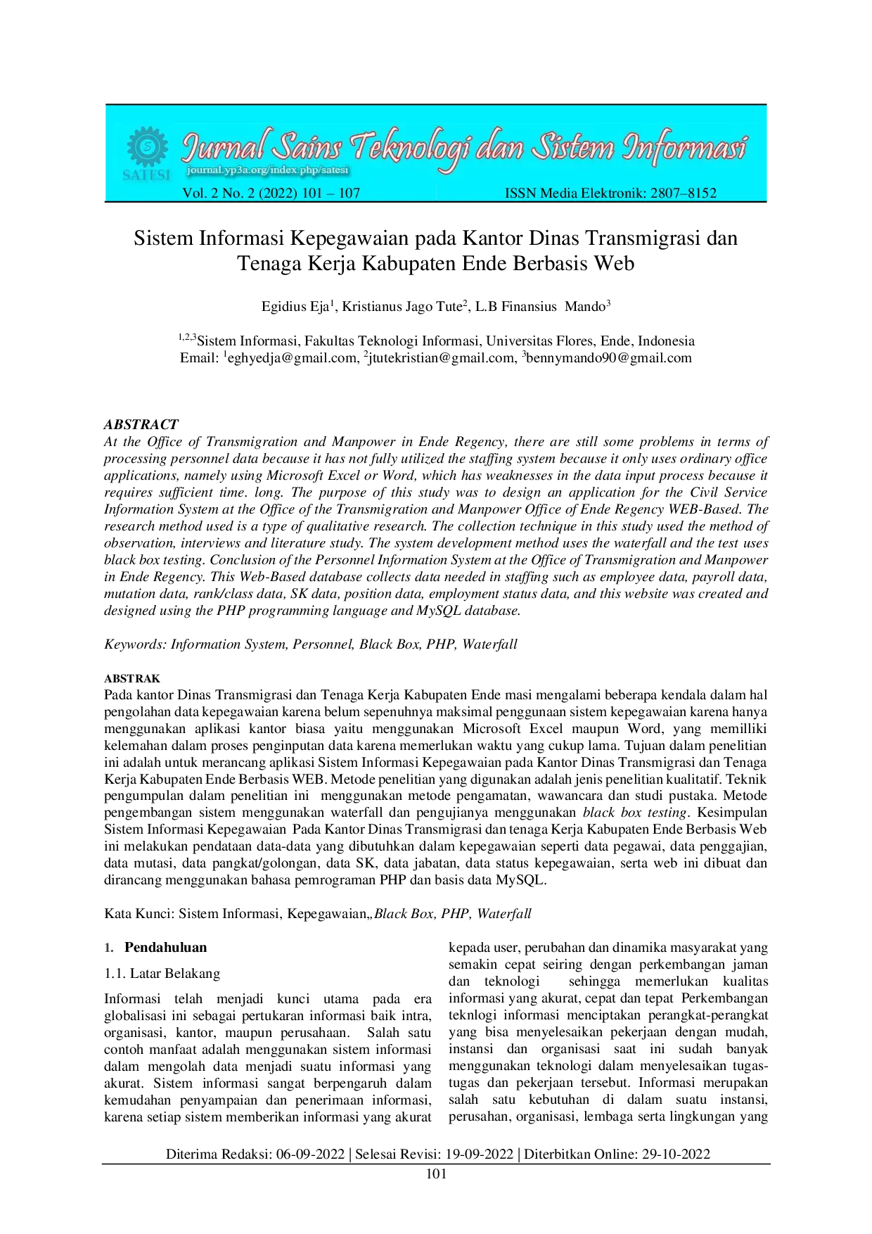 JURIS Sistem Informasi Kepegawaian pada Kantor Dinas Transmigrasi dan Tenaga Kerja Kabupaten Ende Berbasis Web