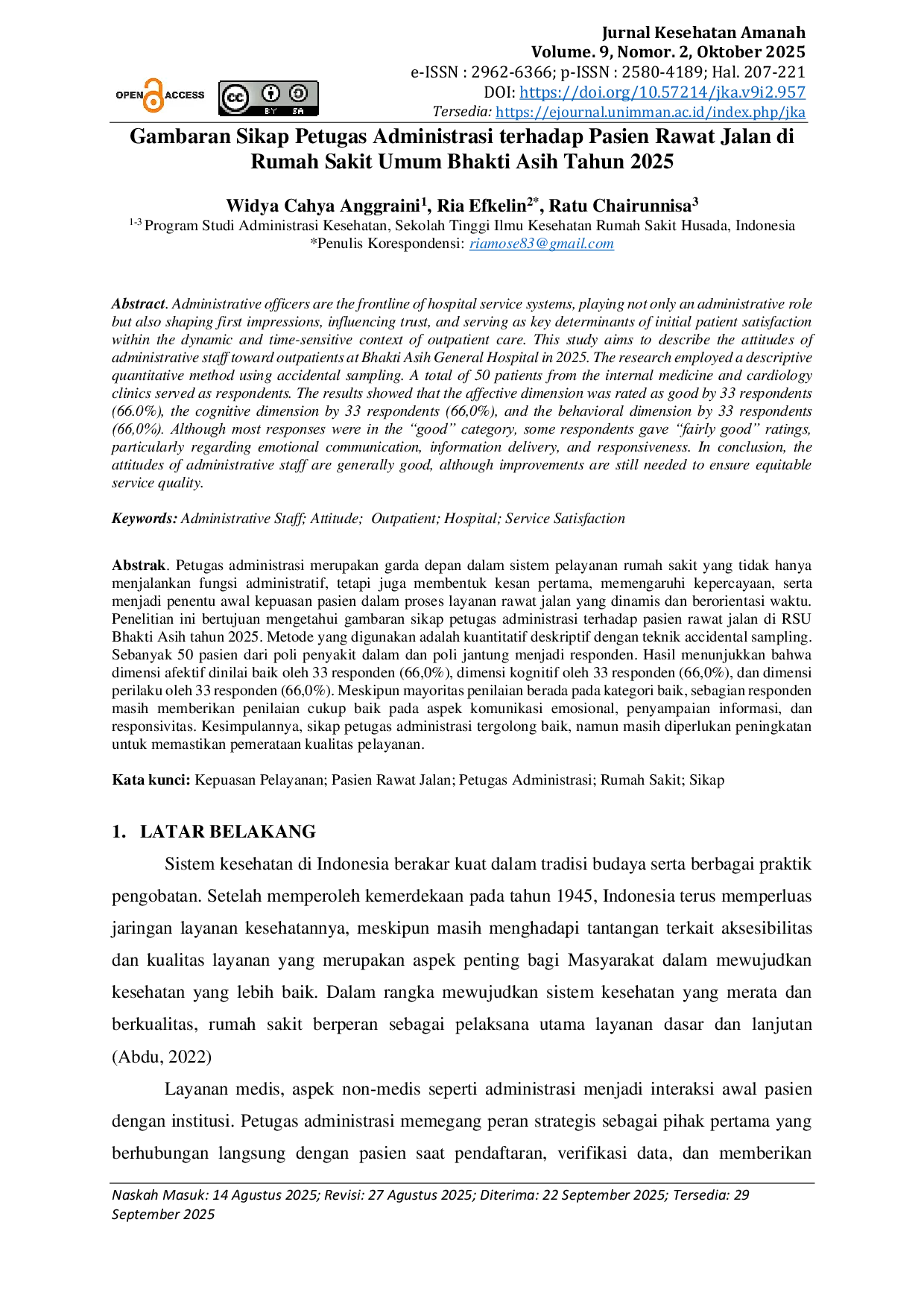 JURIS Gambaran Sikap Petugas Administrasi terhadap Pasien Rawat Jalan di Rumah Sakit Umum Bhakti Asih Tahun 2025
