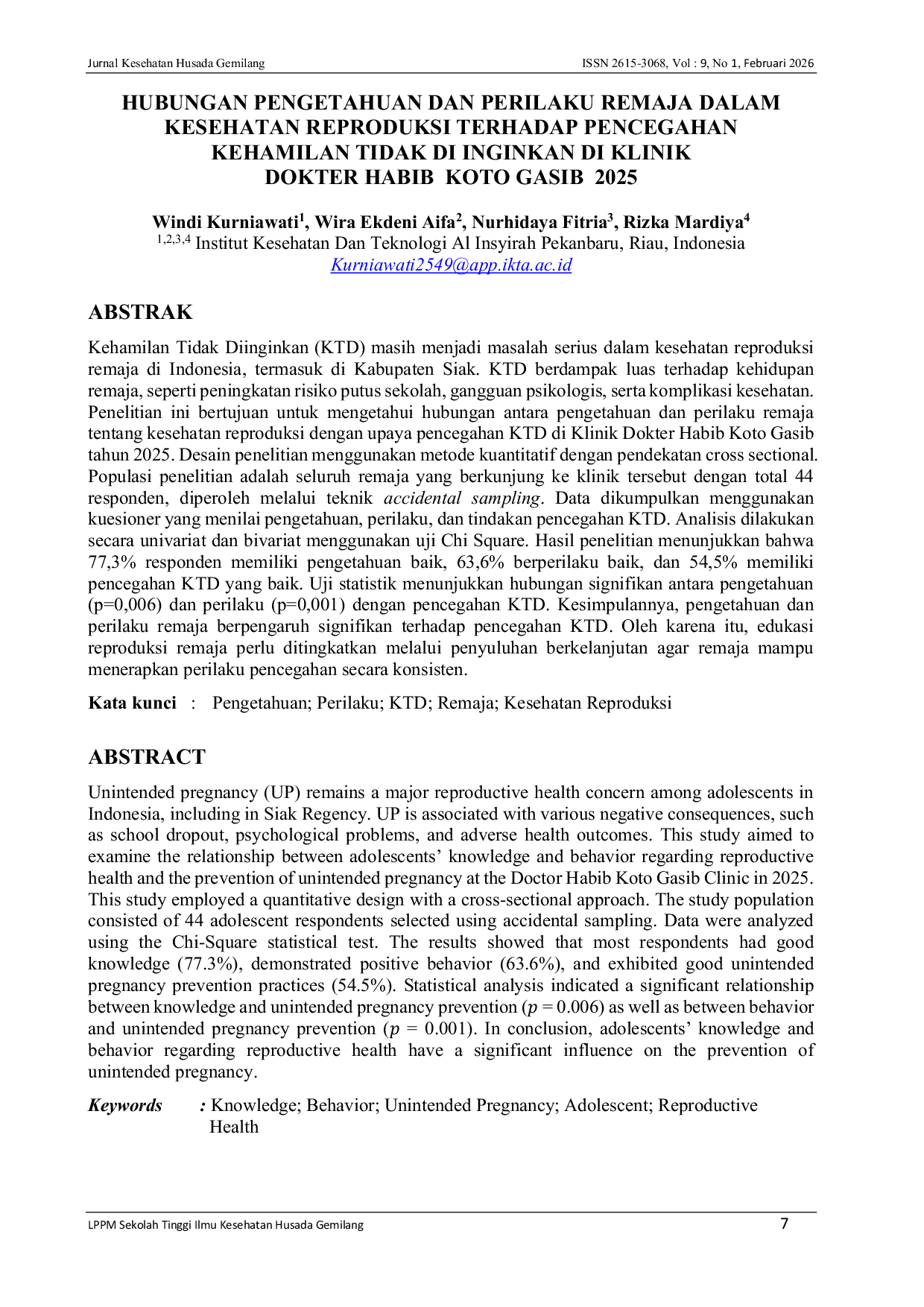 JURIS Hubungan Pengetahuan Dan Perilaku Remaja Dalam Kesehatan Reproduksi Terhadap Pencegahan Kehamilan Tidak Di Inginkan Di Klinik Dokter Habib Koto Gasib 2025