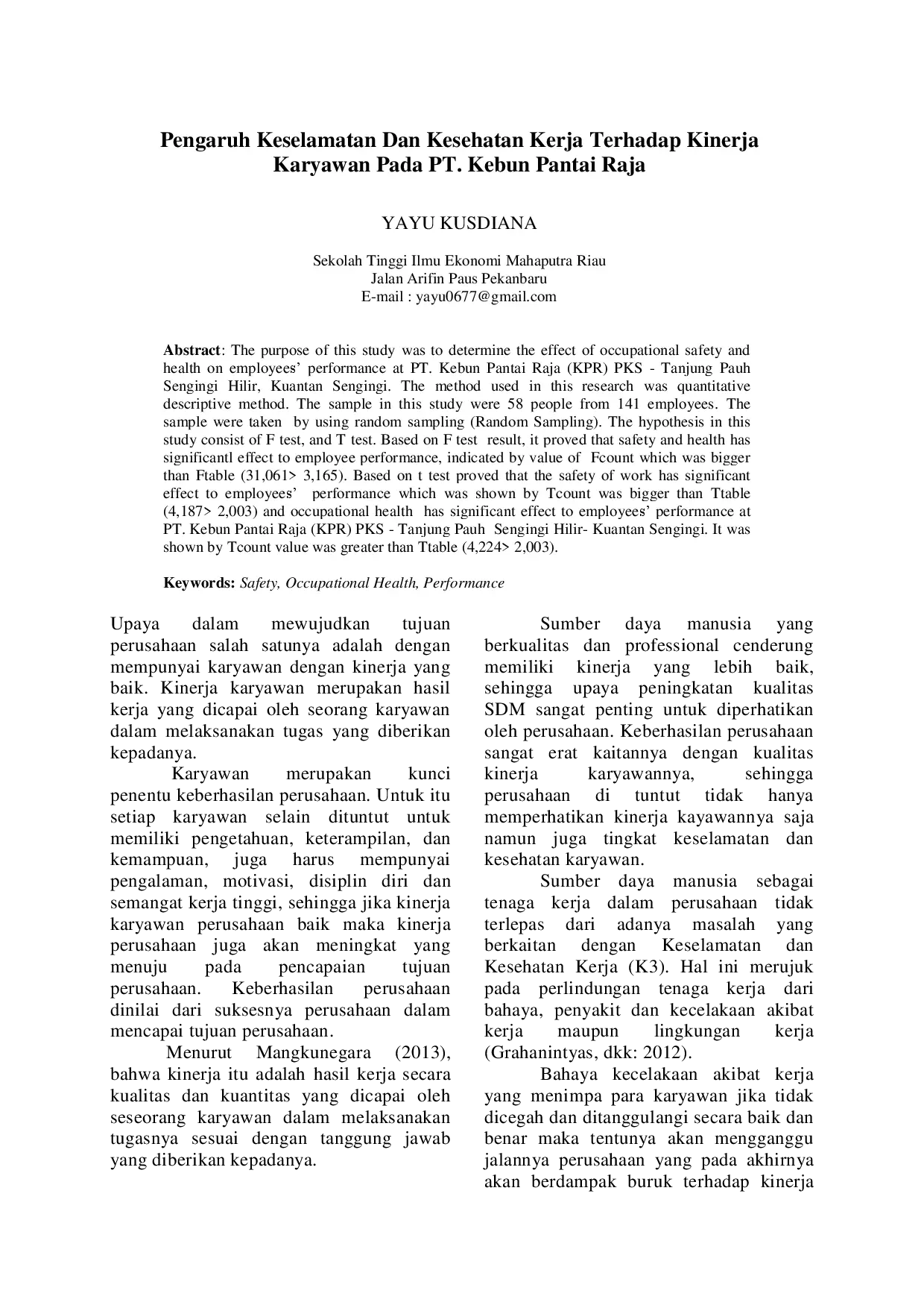 juris Pengaruh Keselamatan Dan Kesehatan Kerja Terhadap Kinerja Karyawan Pada Pt Kebun Pantai Raja