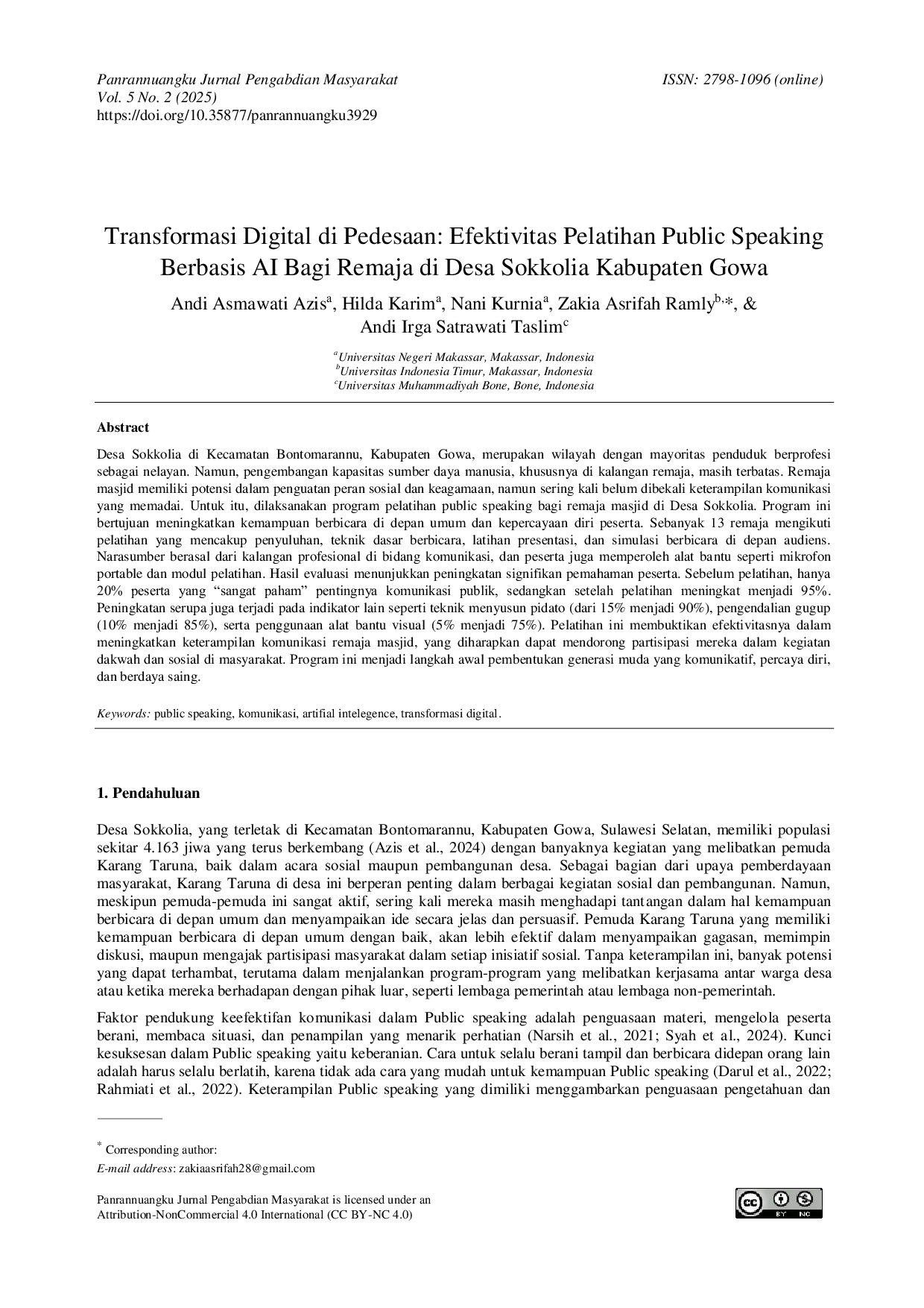 JURIS Transformasi Digital di Pedesaan Efektivitas Pelatihan Public Speaking Berbasis AI Bagi Remaja di Desa Sokkolia Kabupaten Gowa