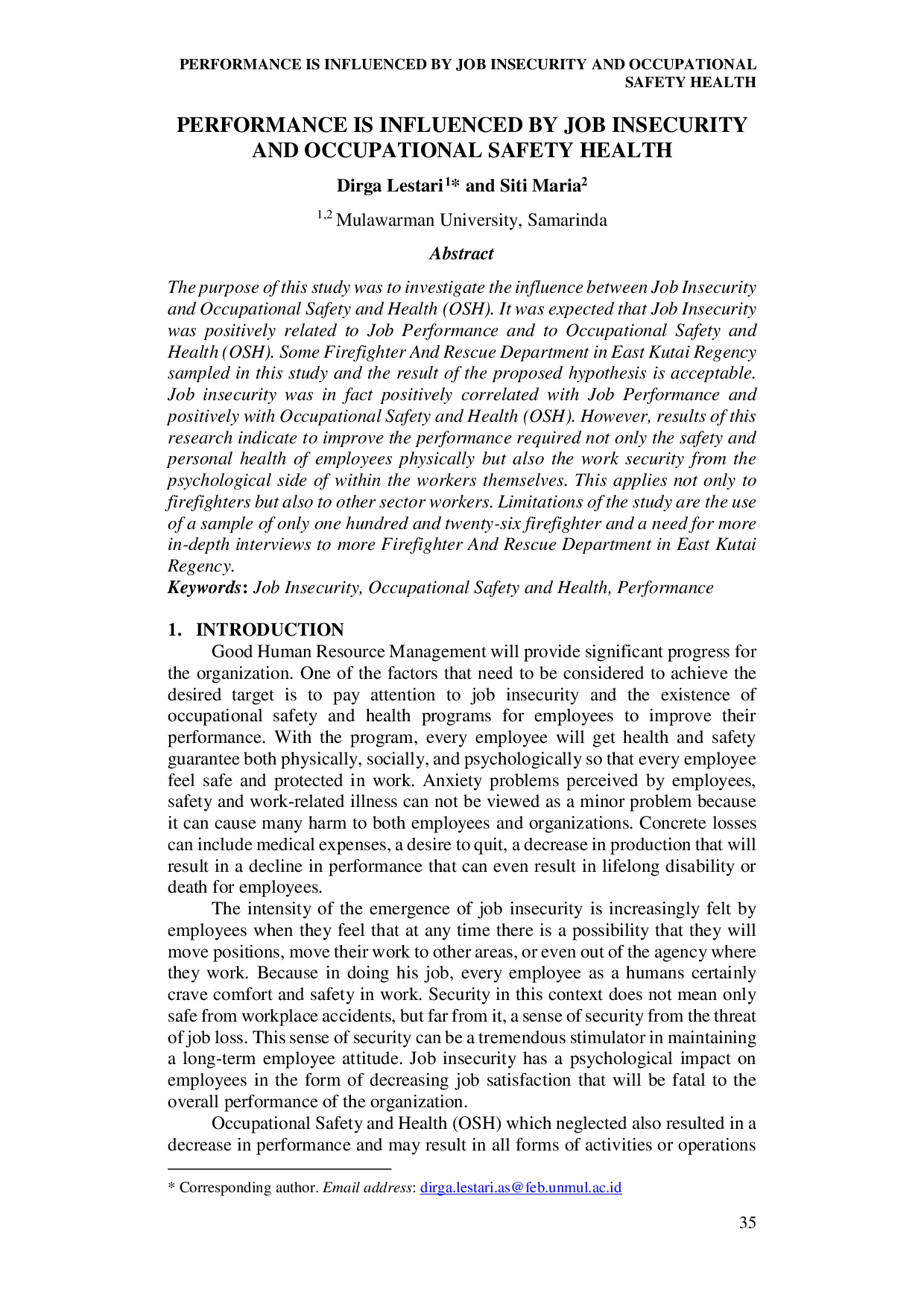 juris Performance Is Influenced By Job Insecurity And Occupational Safety Health