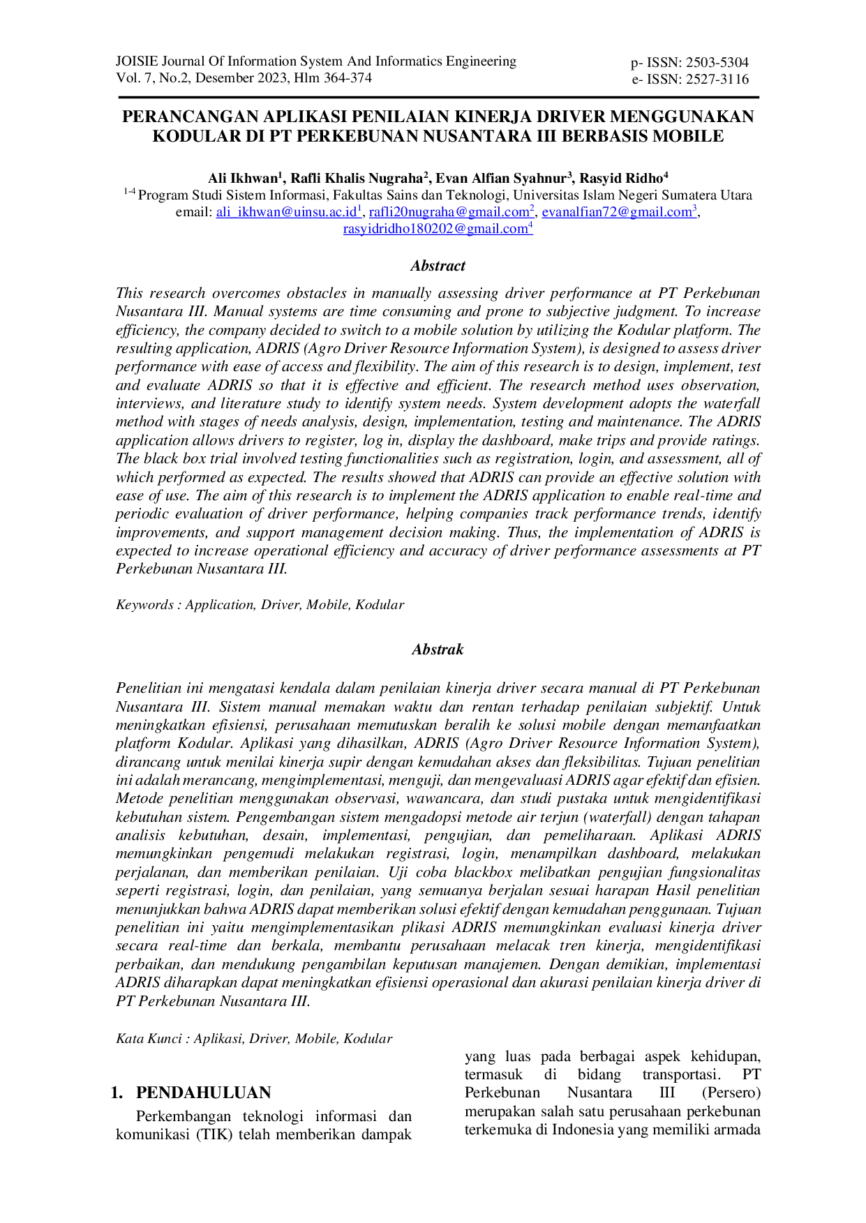 JURIS Perancangan Aplikasi Penilaian Kinerja Driver Menggunakan Kodular di PT Perkebunan Nusantara III Berbasis Mobile