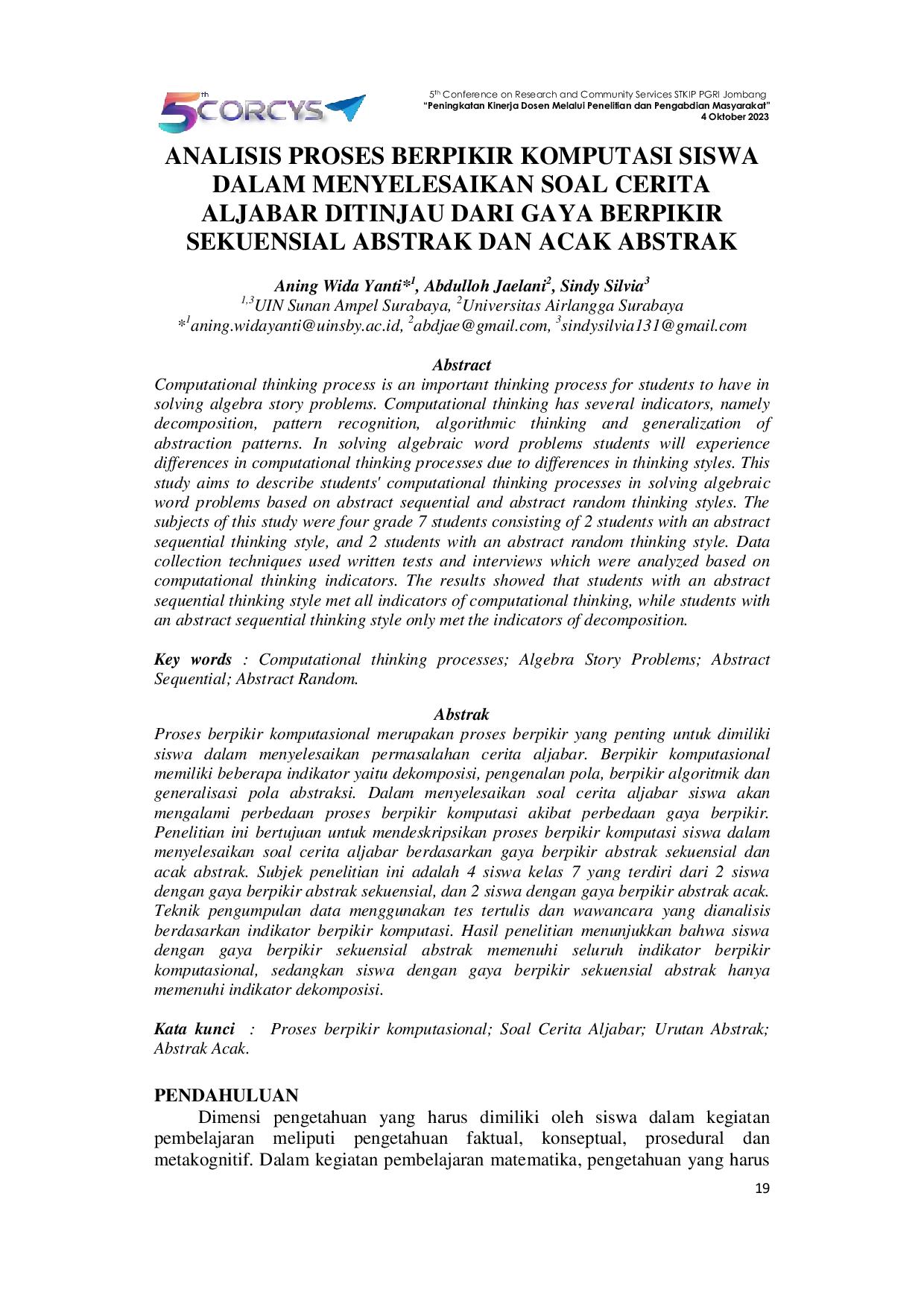 JURIS Analisis Proses Berpikir Komputasi Siswa Dalam Menyelesaikan Soal Cerita Aljabar Ditinjau Dari Gaya Berpikir Sekuensial Abstrak Dan Acak Abstrak