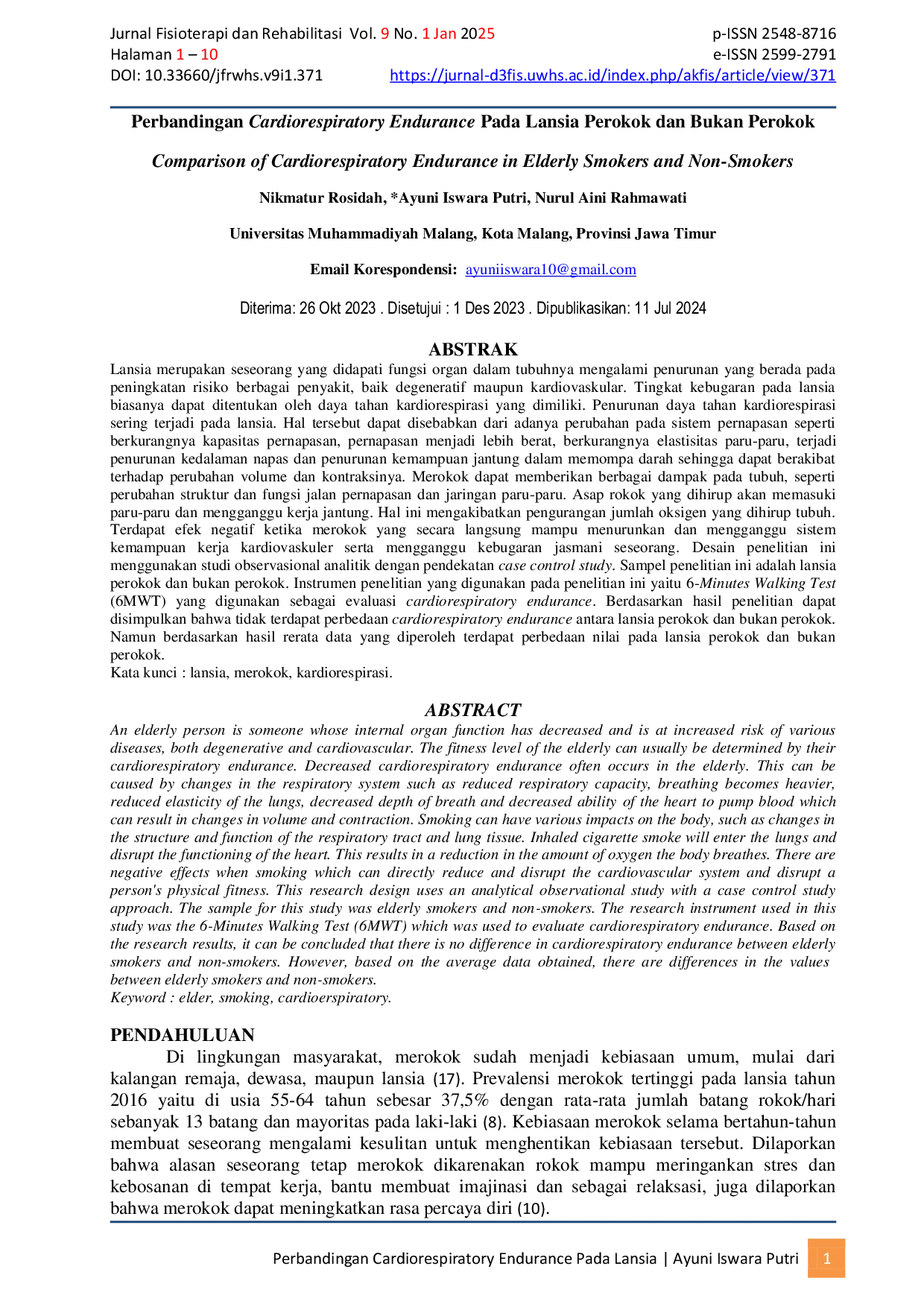 JURIS Perbandingan Cardiorespiratory Endurance Pada Lansia Perokok dan Bukan Perokok