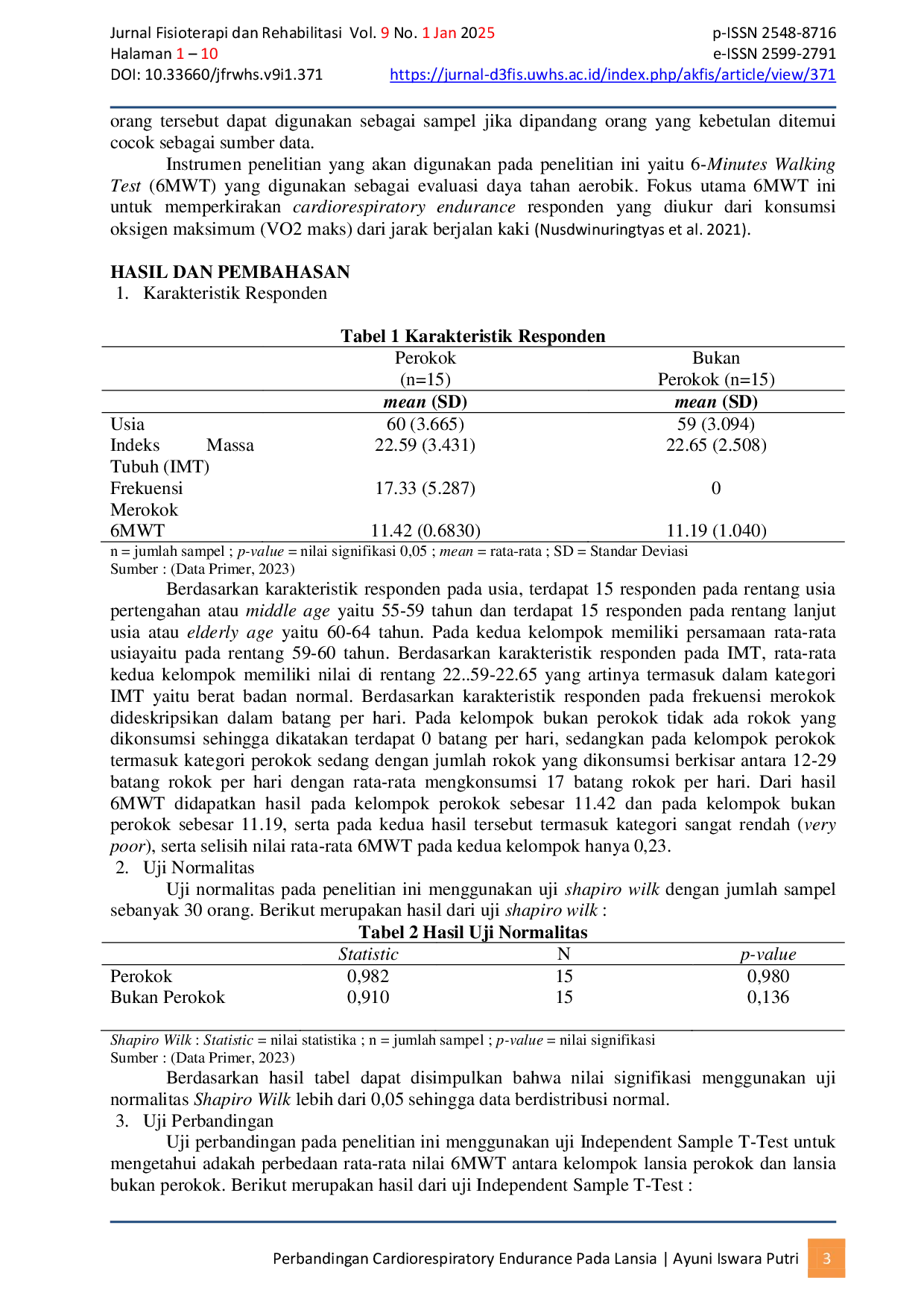 JURIS Perbandingan Cardiorespiratory Endurance Pada Lansia Perokok dan Bukan Perokok