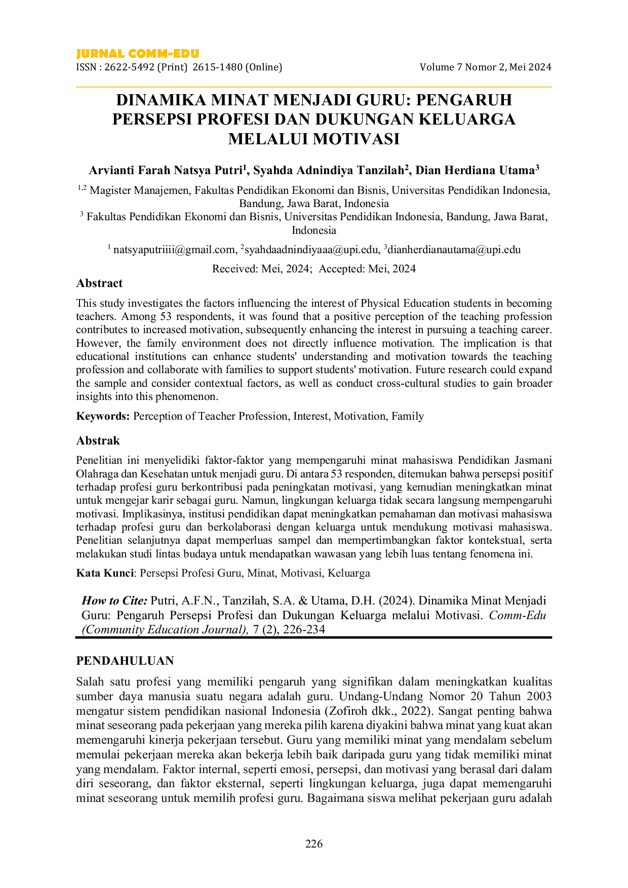 JURIS Dinamika Minat Menjadi Guru Pengaruh Persepsi Profesi dan Dukungan Keluarga Melalui Motivasi