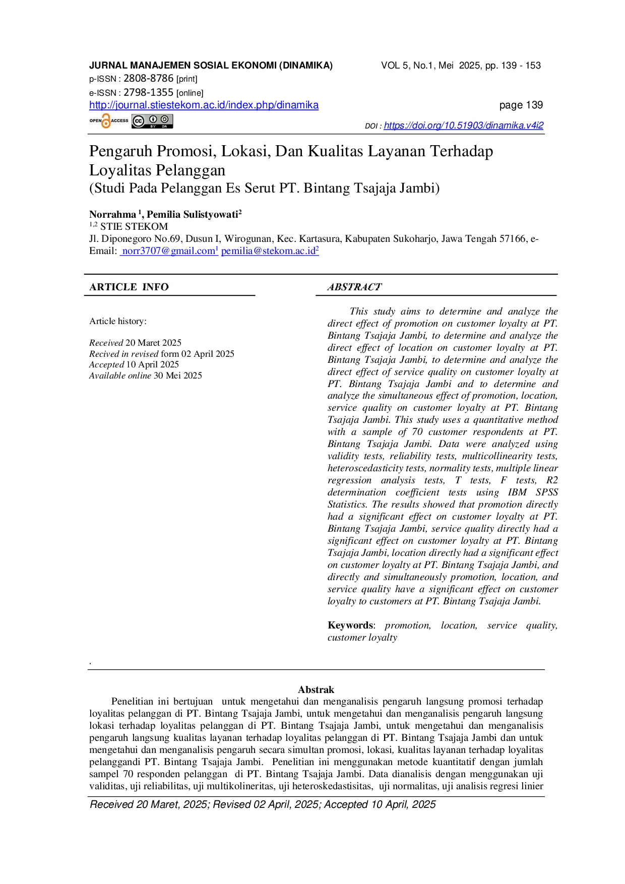 JURIS Pengaruh Promosi Lokasi Dan Kualitas Layanan Terhadap Loyalitas Pelanggan Studi Pada Pelanggan Es Serut PT Bintang Tsajaja Jambi