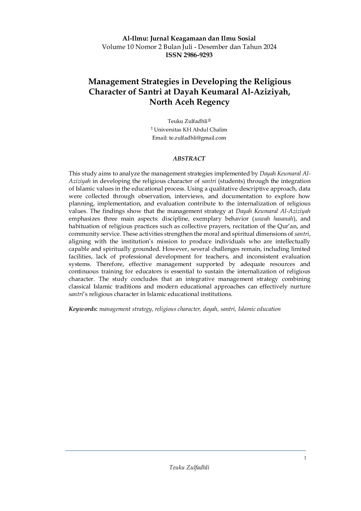 JURIS Management Strategies in Developing the Religious Character of Santri at Dayah Keumaral Al Aziziyah North Aceh Regency