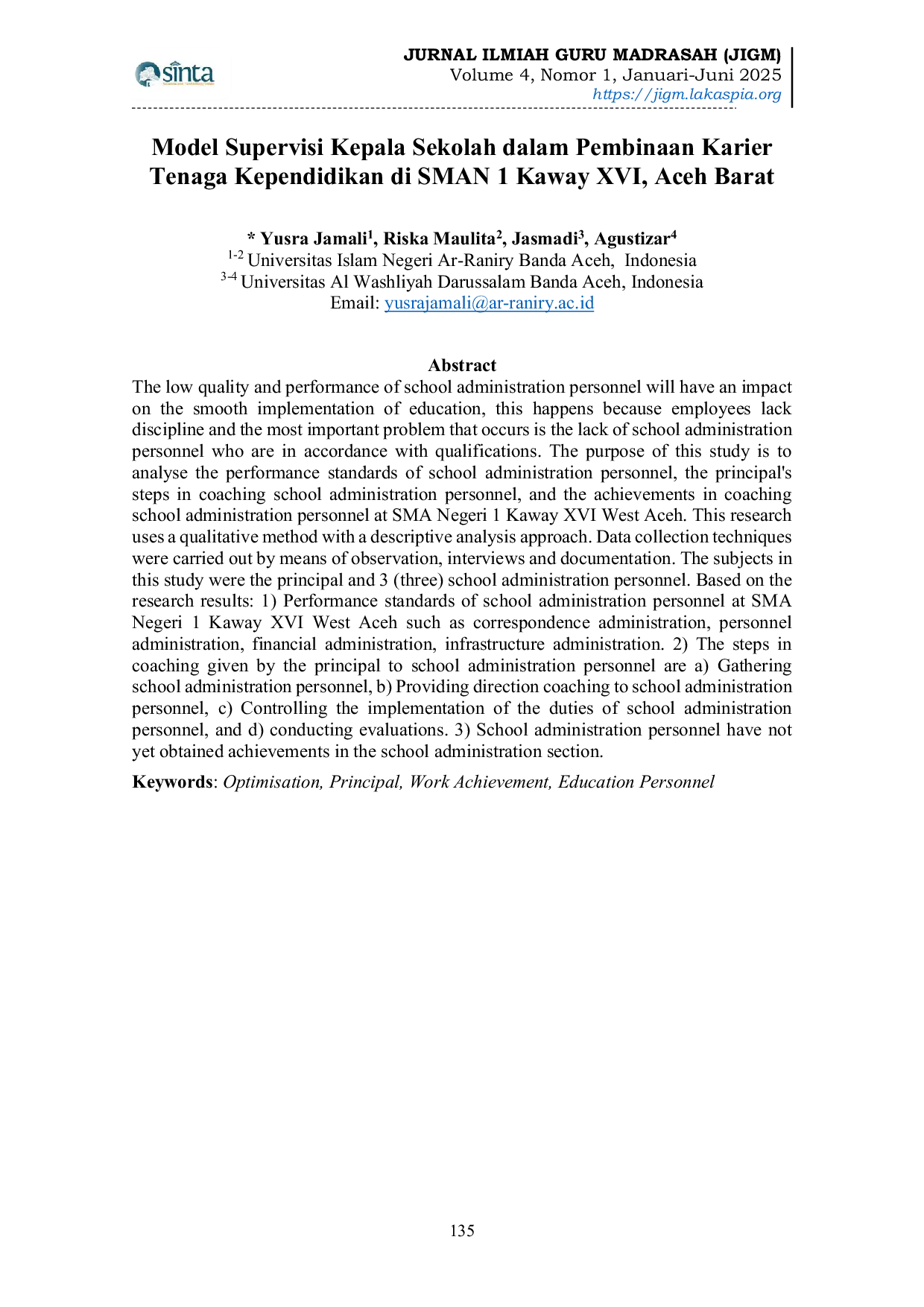 JURIS Model Supervisi Kepala Sekolah dalam Pembinaan Karier Tenaga Kependidikan di SMAN 1 Kaway XVI Aceh Barat