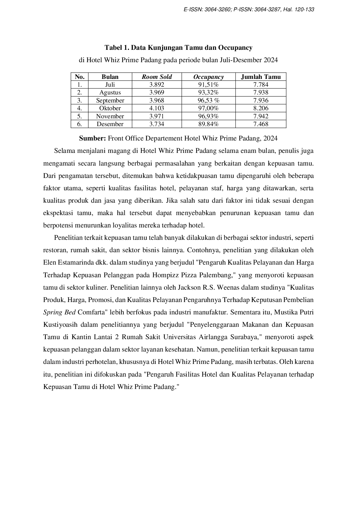 JURIS Pengaruh Fasilitas Hotel Dan Kualitas Pelayanan Terhadap Kepuasan Tamu di Hotel Whiz Prime Padang