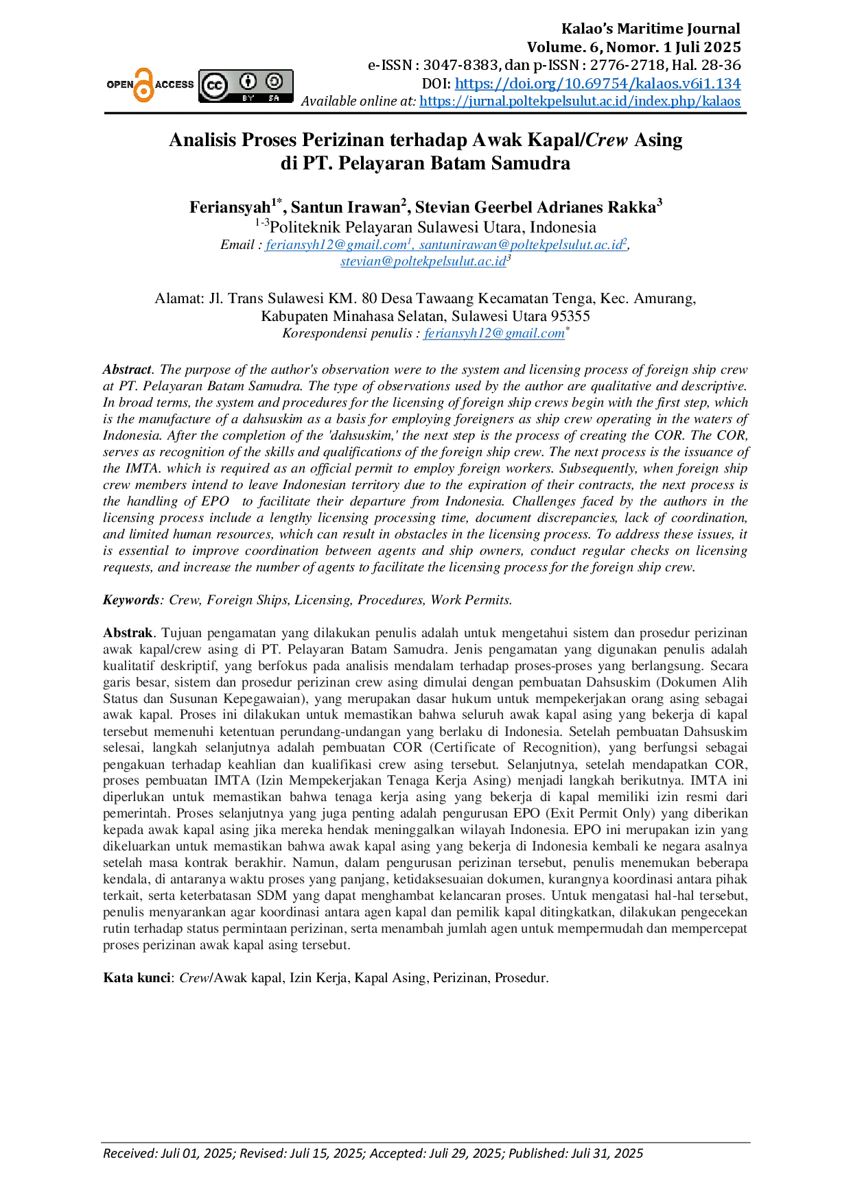 juris Analisis Proses Perizinan terhadap Awak Kapal Crew Asing di PT Pelayaran Batam Samudra
