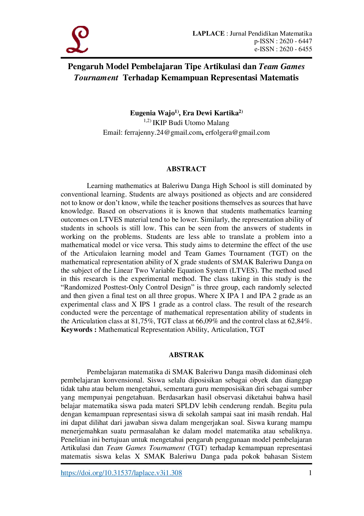 JURIS Pengaruh Model Pembelajaran Tipe Artikulasi dan Team Games Tournament Terhadap Kemampuan Representasi Matematis