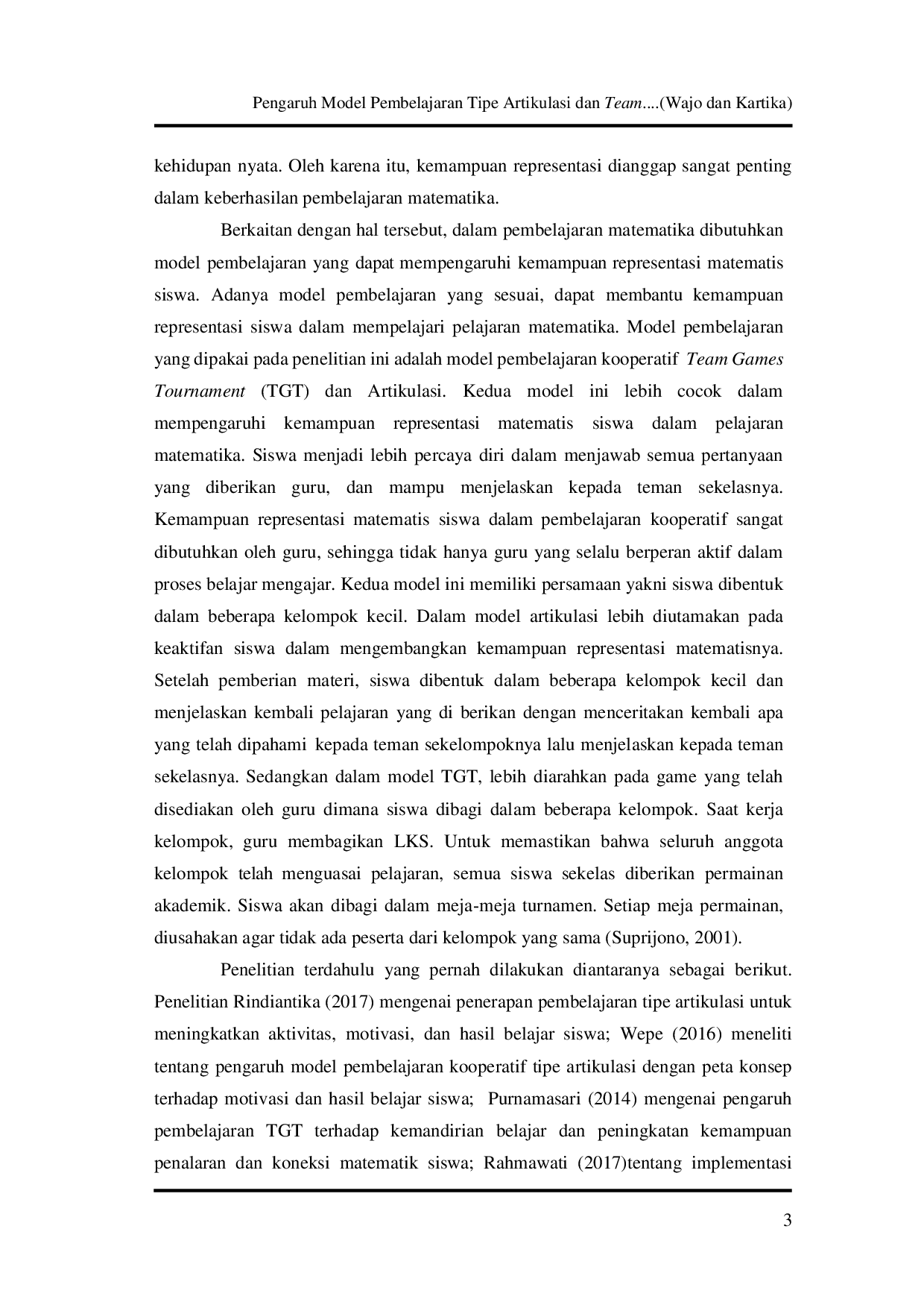 JURIS Pengaruh Model Pembelajaran Tipe Artikulasi dan Team Games Tournament Terhadap Kemampuan Representasi Matematis