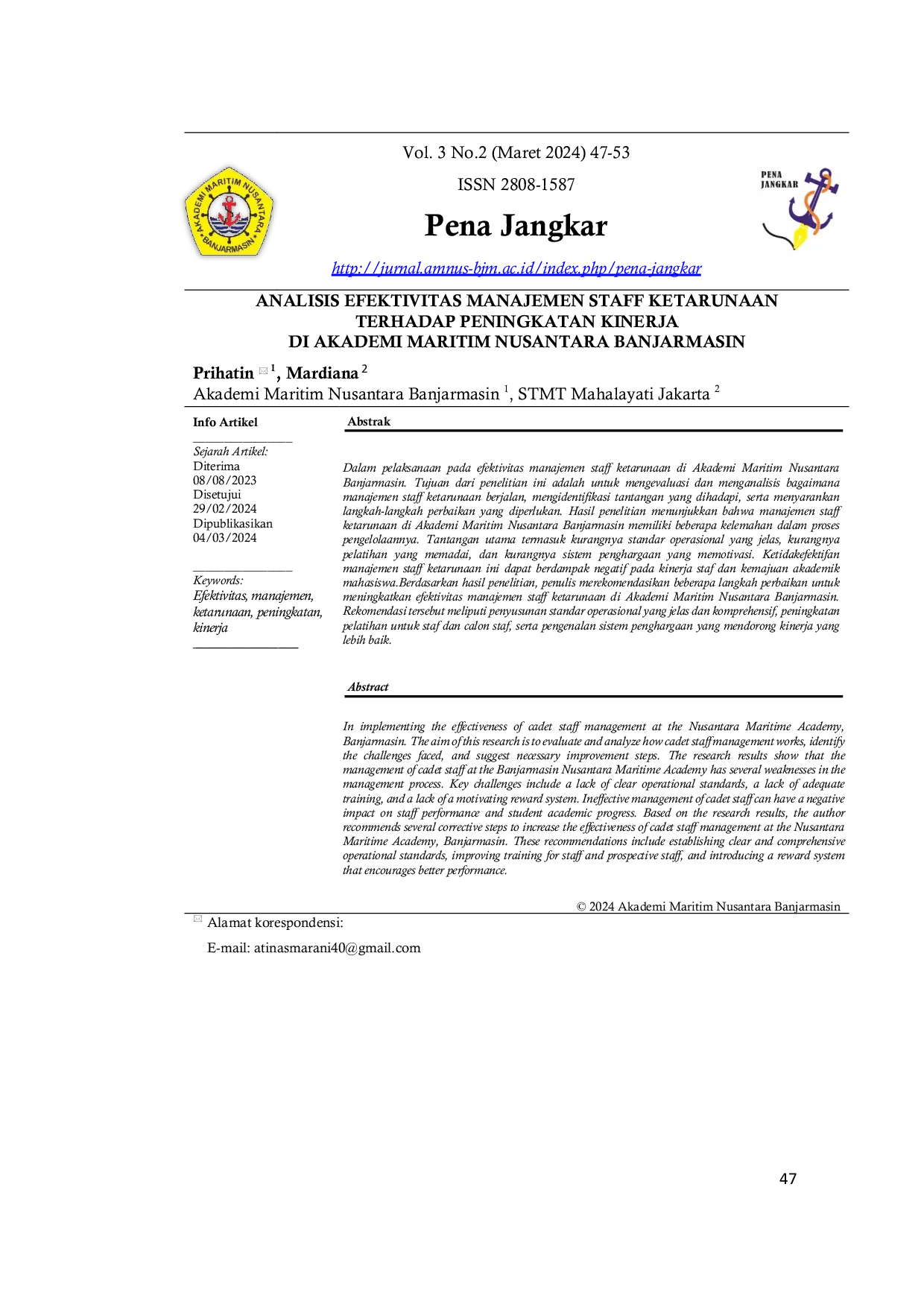 JURIS Analisis Efektivitas Manajemen Staff Ketarunaan Terhadap Peningkatan Kinerja Di Akademi Maritim Nusantara Banjarmasin