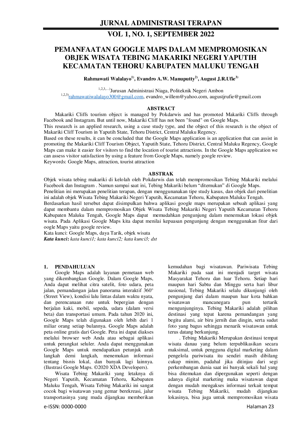 JURIS Pemanfaatan Google Maps Dalam Mempromosikan Objek Wisata Tebing Makariki Negeri Yaputih Kecamatan Tehoru Kabupaten Maluku Tengah