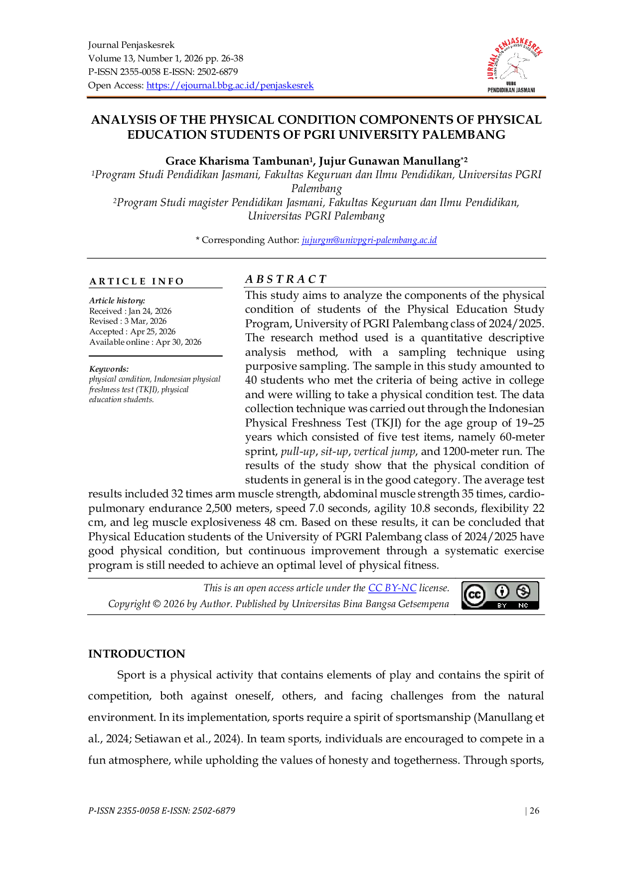 JURIS Analysis Of The Physical Condition Components Of Physical Education Students Of PGRI University Palembang