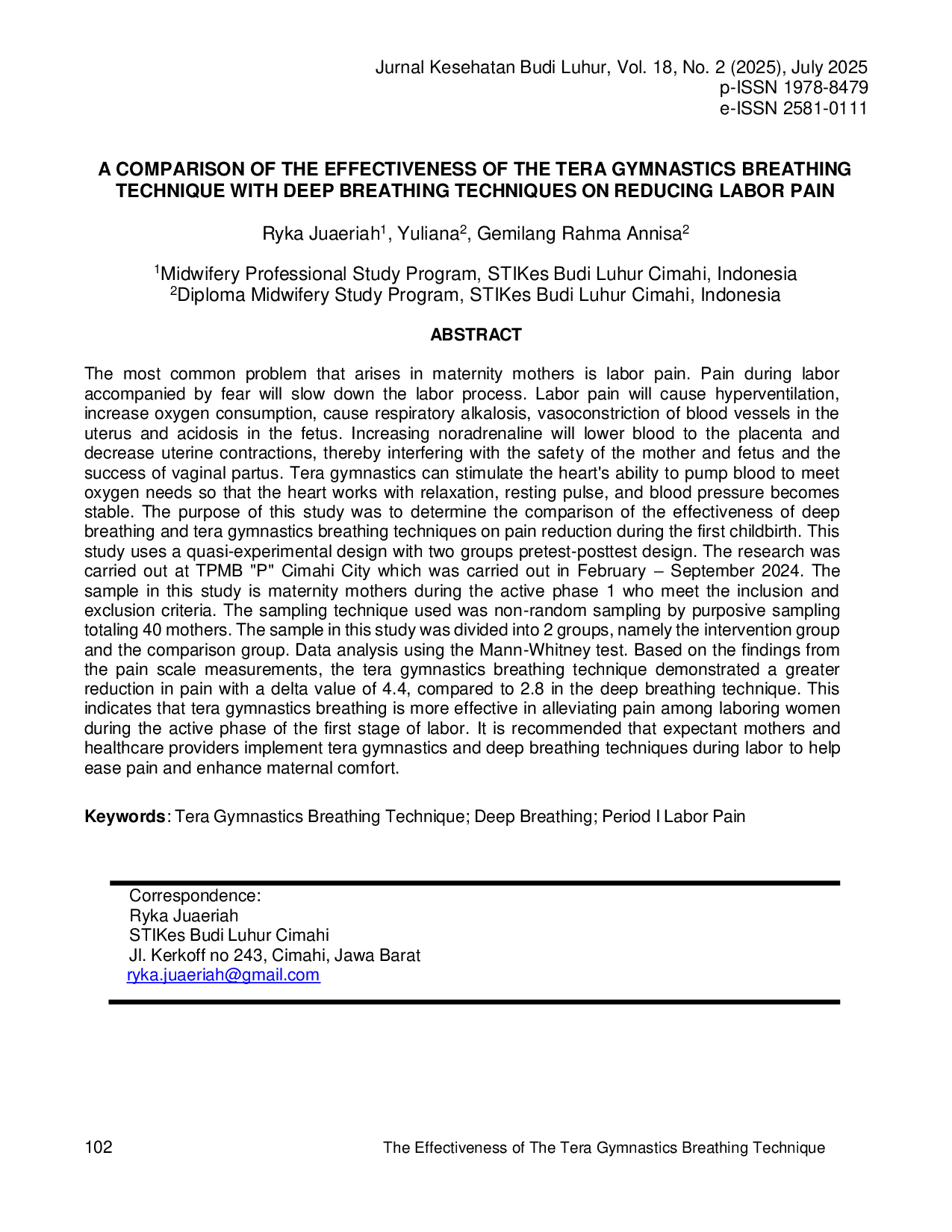 JURIS A Comparison of The Effectiveness of The Tera Gymnastics Breathing Technique with Deep Breathing Techniques on Reducing Labor Pain