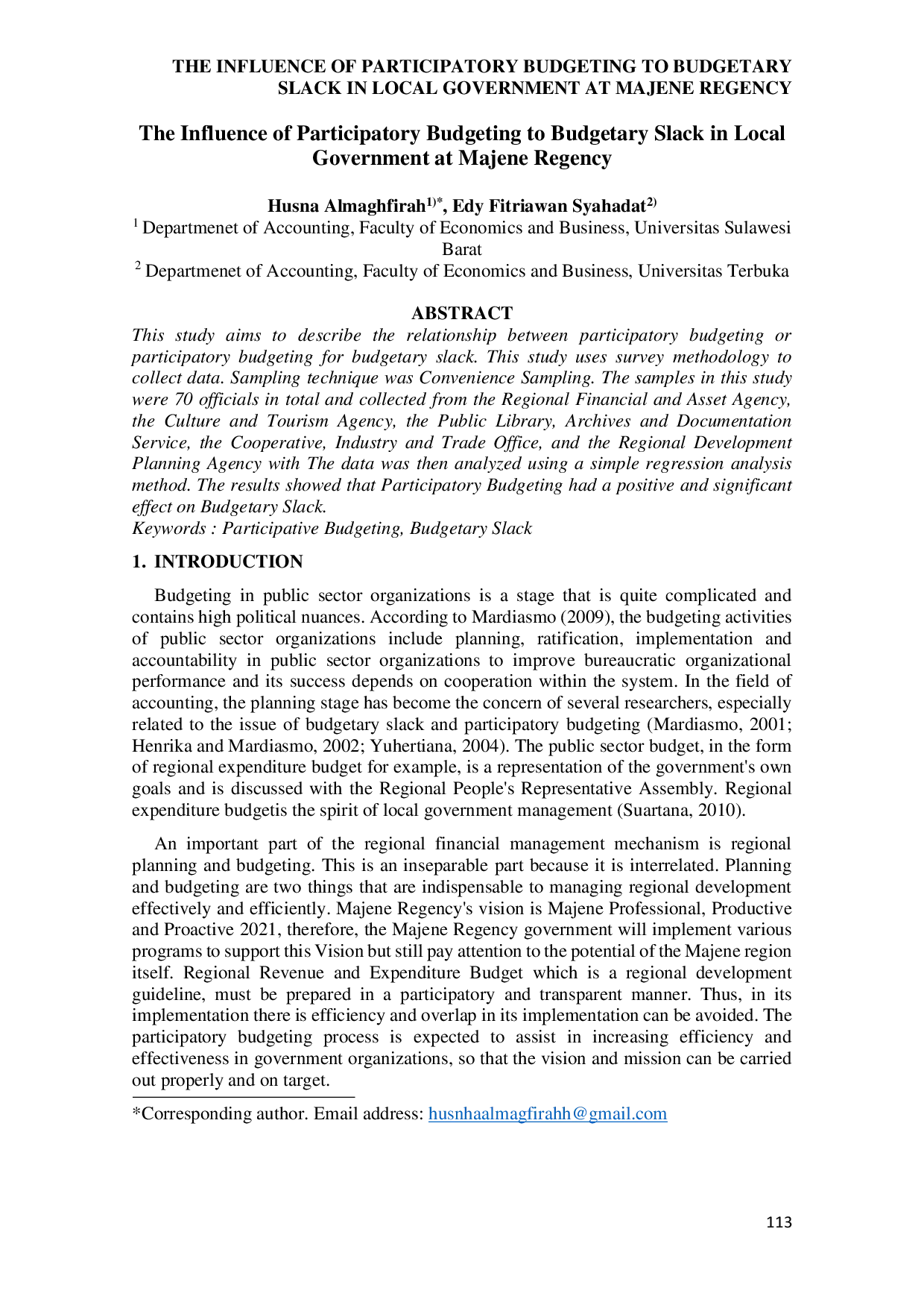 JURIS The Influence of Participatory Budgeting to Budgetary Slack in Local Government at Majene Regency