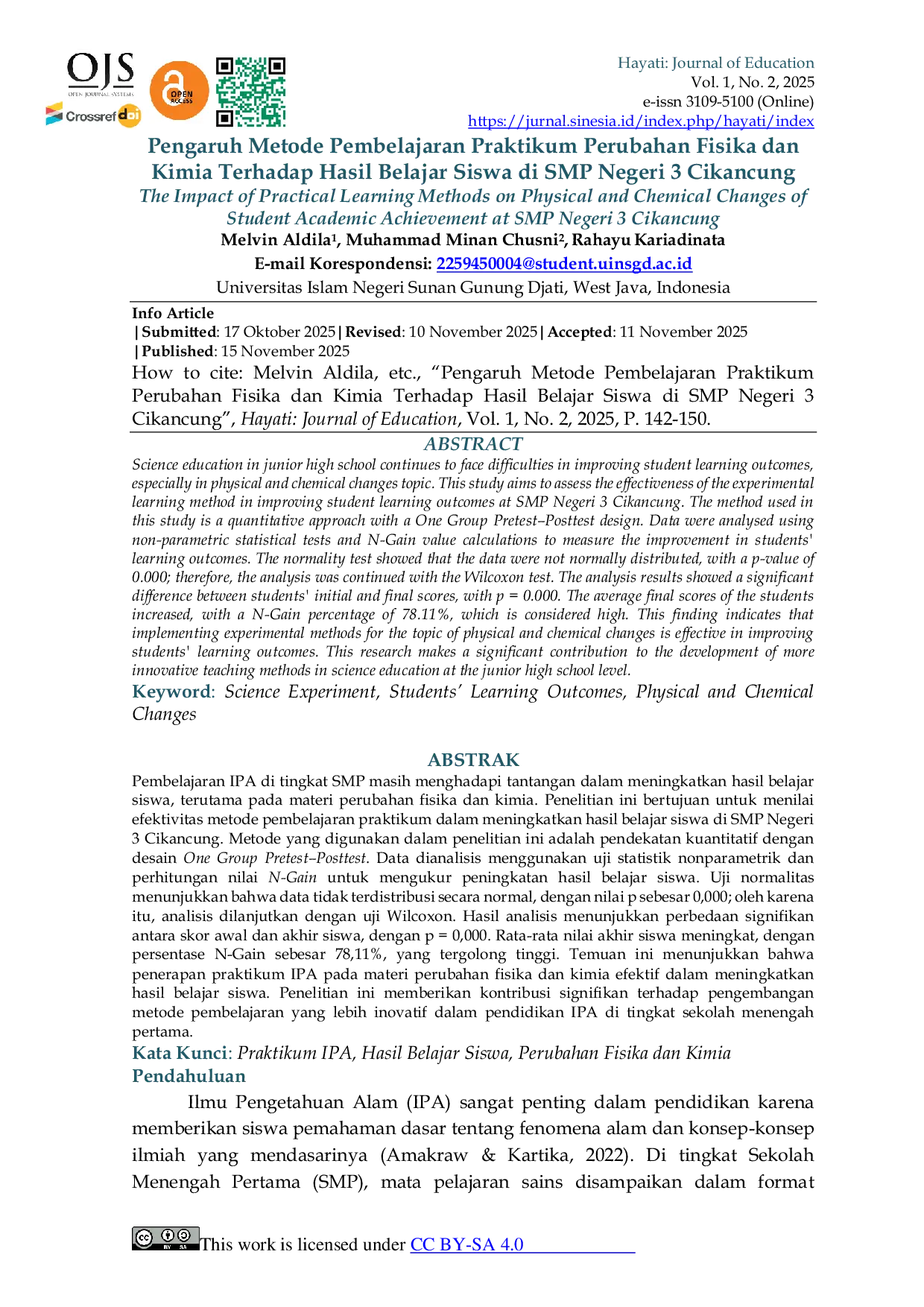 JURIS Pengaruh Metode Pembelajaran Praktikum Perubahan Fisika dan Kimia Terhadap Hasil Belajar Siswa di SMP Negeri 3 Cikancung