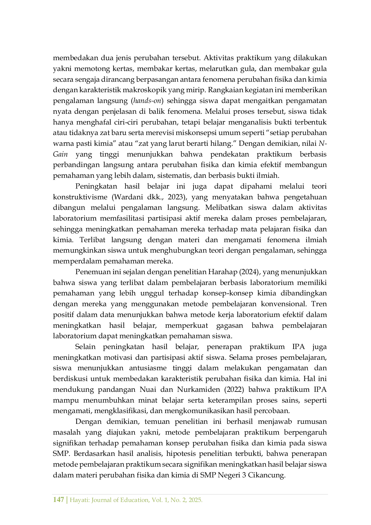 JURIS Pengaruh Metode Pembelajaran Praktikum Perubahan Fisika dan Kimia Terhadap Hasil Belajar Siswa di SMP Negeri 3 Cikancung