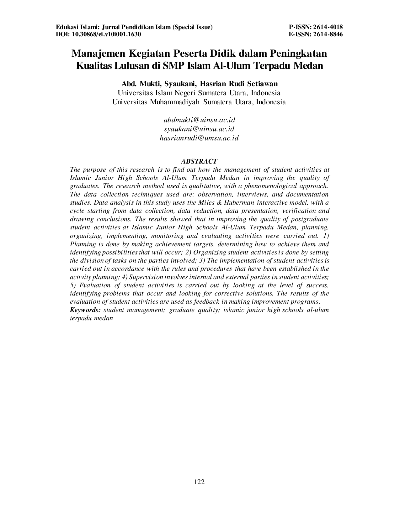 JURIS Manajemen Kegiatan Peserta Didik dalam Peningkatan Kualitas Lulusan di SMP Islam Al Ulum Terpadu Medan