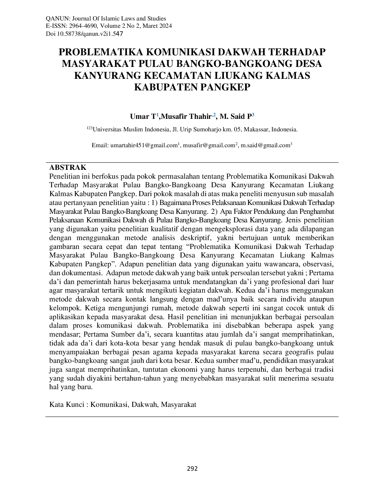 JURIS Problematika Komunikasi Dakwah Terhadap Masyarakat Pulau Bangko Bangkoang Desa Kanyurang Kecamatan Liukang Kalmas Kabupaten Pangkep