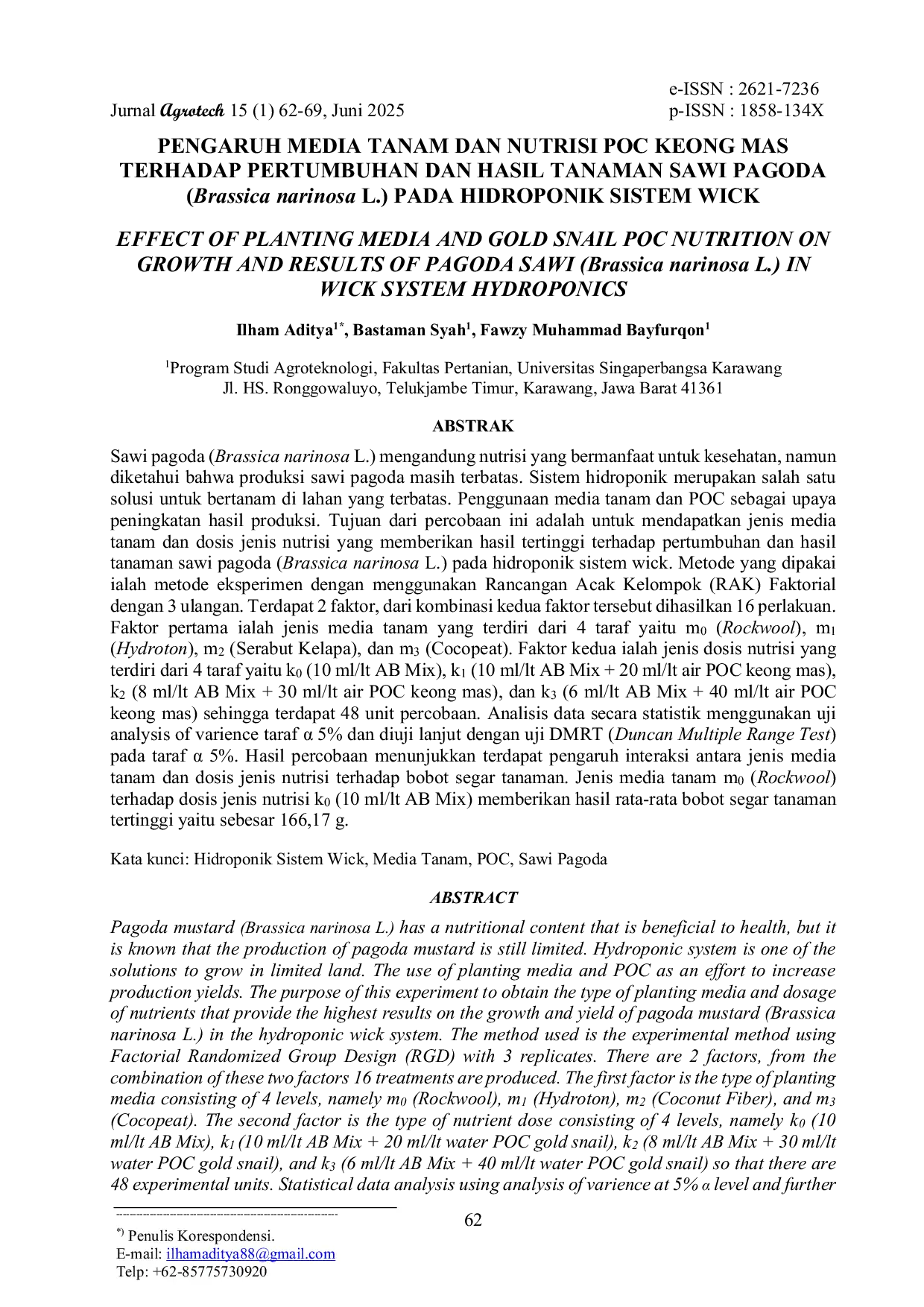 JURIS Pengaruh Media Tanam Dan Nutrisi Poc Keong Mas Terhadap Pertumbuhan Dan Hasil Tanaman Sawi Pagoda Brassica Narinosa L Pada Hidroponik Sistem Wick