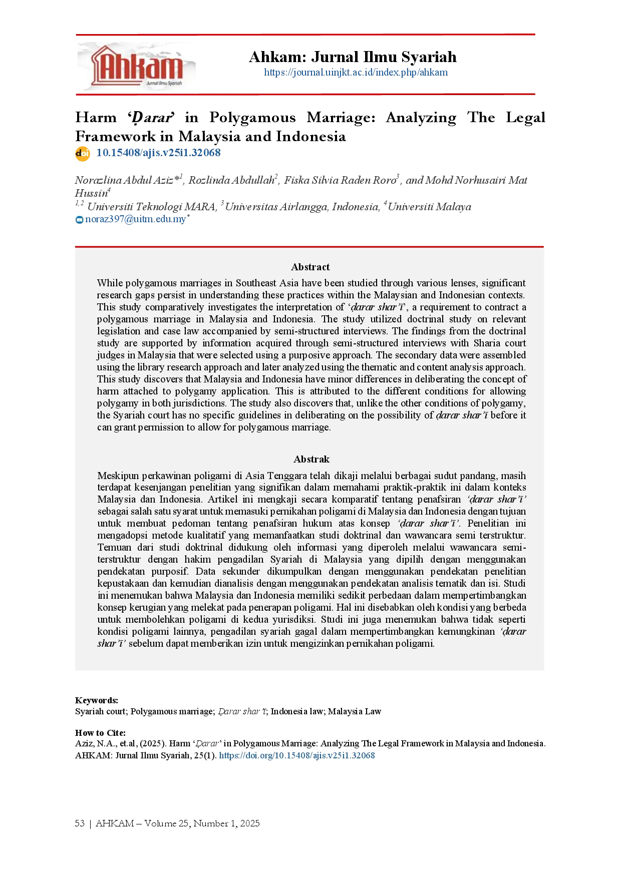 juris Harm Uarar in Polygamous Marriage Analyzing The Legal Framework in Malaysia and Indonesia