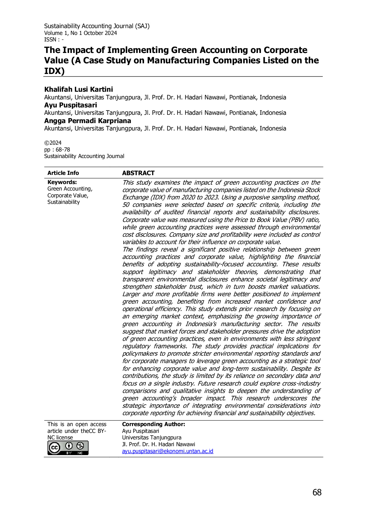 JURIS The Impact of Implementing Green Accounting on Corporate Value A Case Study on Manufacturing Companies Listed on the IDX
