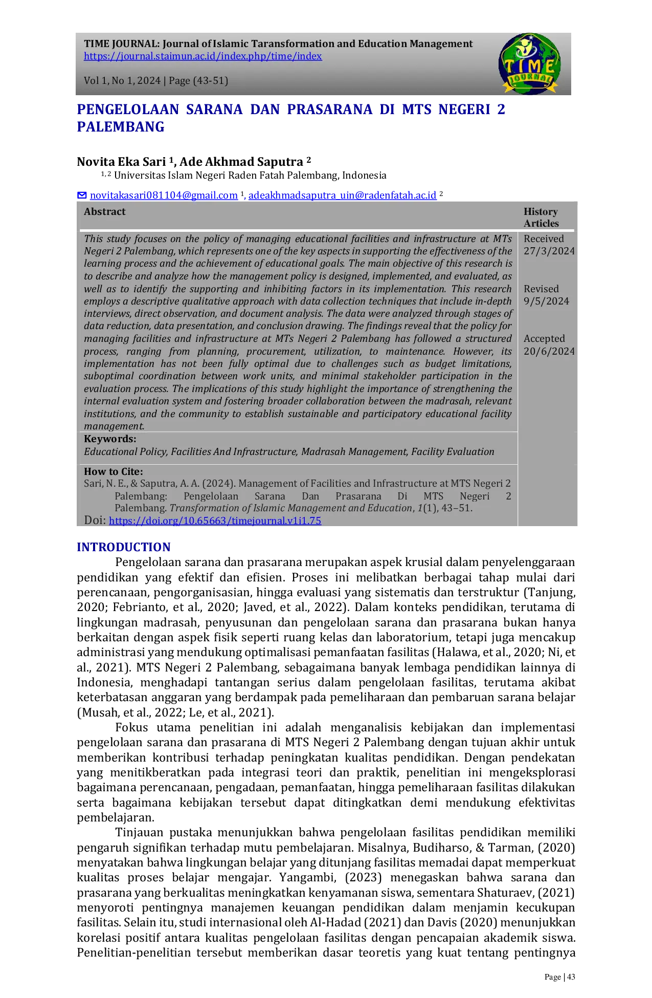 JURIS Management of Facilities and Infrastructure at MTS Negeri 2 Palembang Pengelolaan Sarana Dan Prasarana Di MTS Negeri 2 Palembang