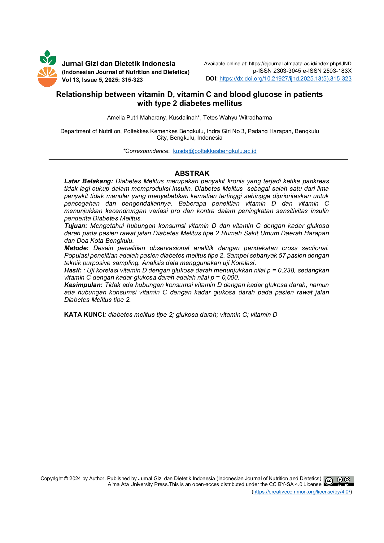 JURIS Hubungan Antara Vitamin D Vitamin C Dan Glukosa Darah Pada Pasien Diabetes Melitus Tipe 2