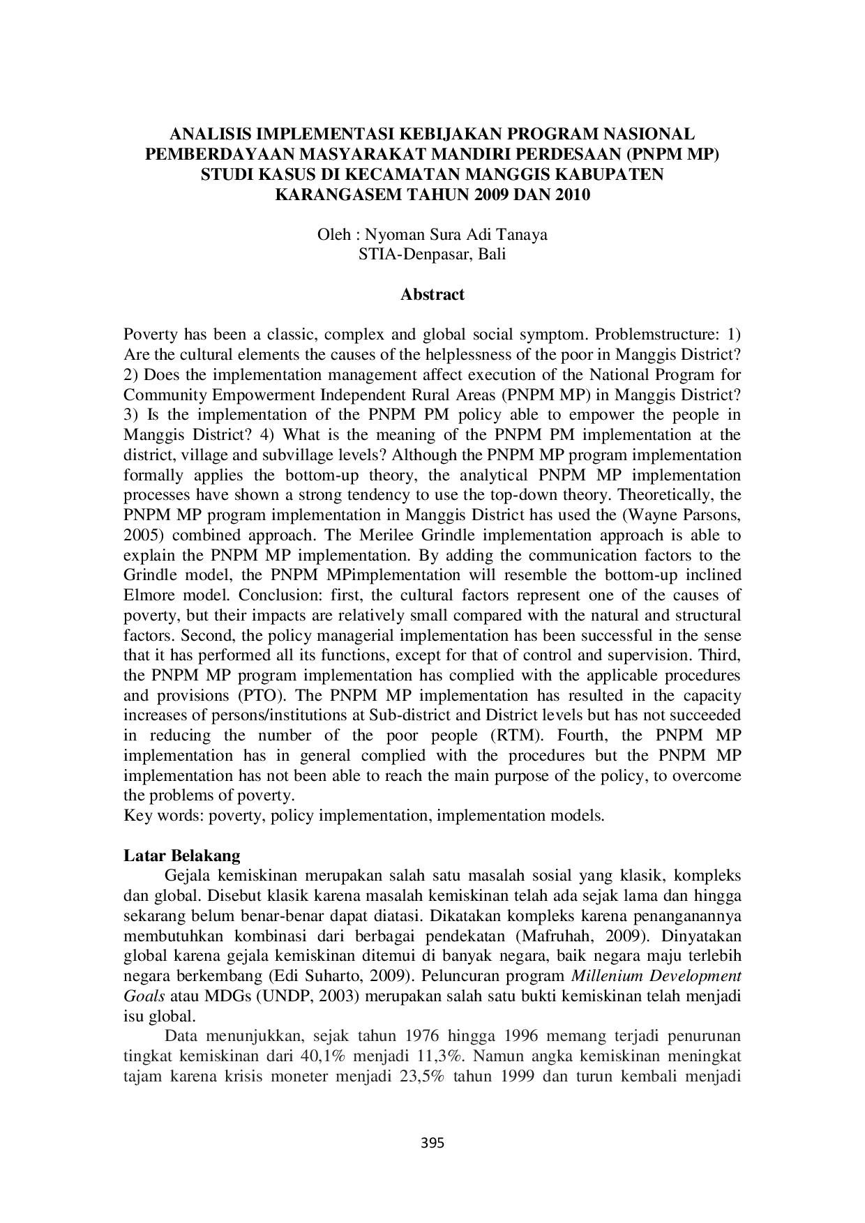 JURIS Analisis Implementasi Kebijakan Program Nasional Pemberdayaan Masyarakat Mandiri Perdesaan PNPM MP Studi Kasus di Kecamatan Manggis Kabupaten Karangasem Tahun 2009 dan 2010