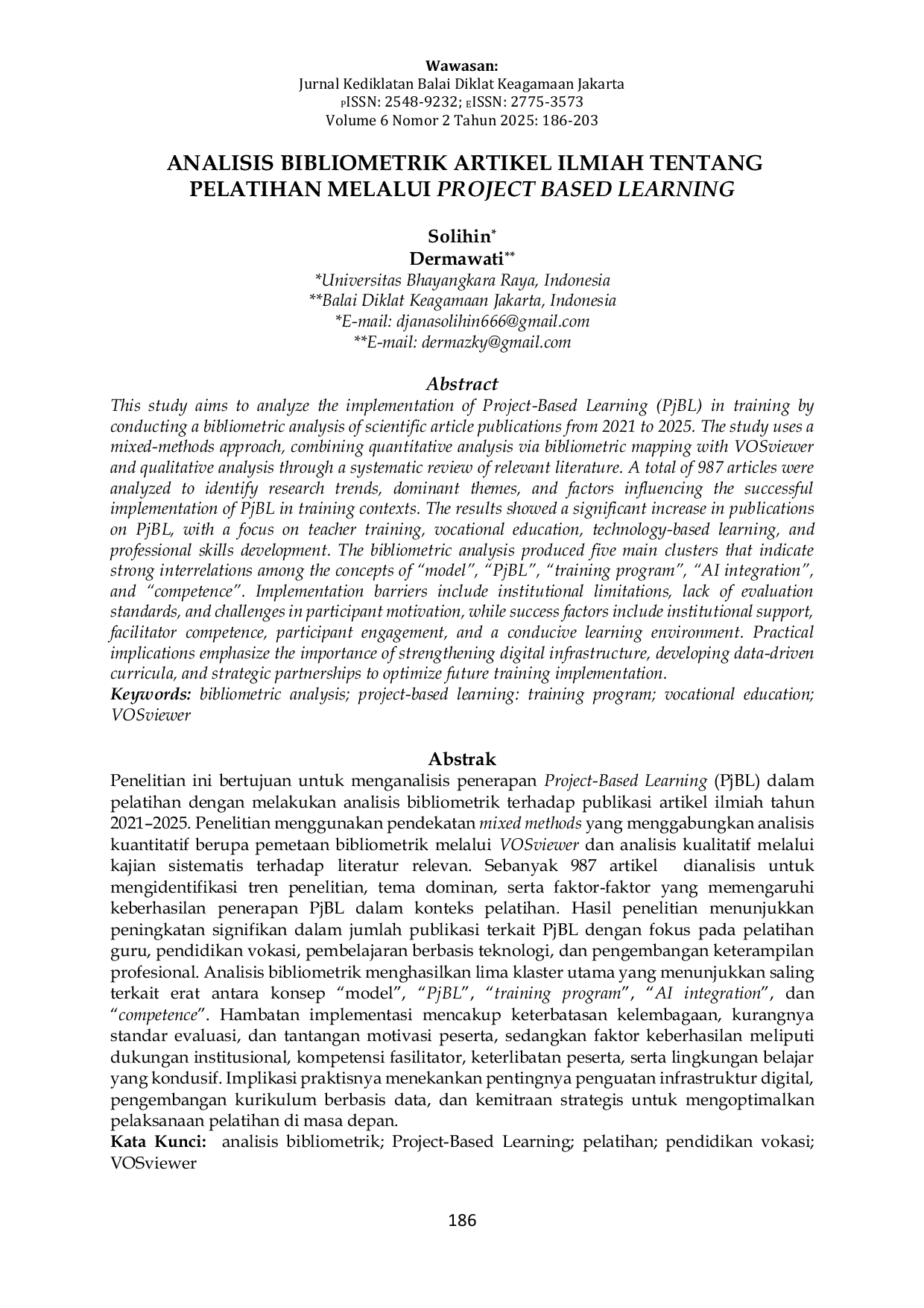 JURIS Analisis Bibliometrik Artikel Ilmiah Tentang Pelatihan Melalui Project Based Learning