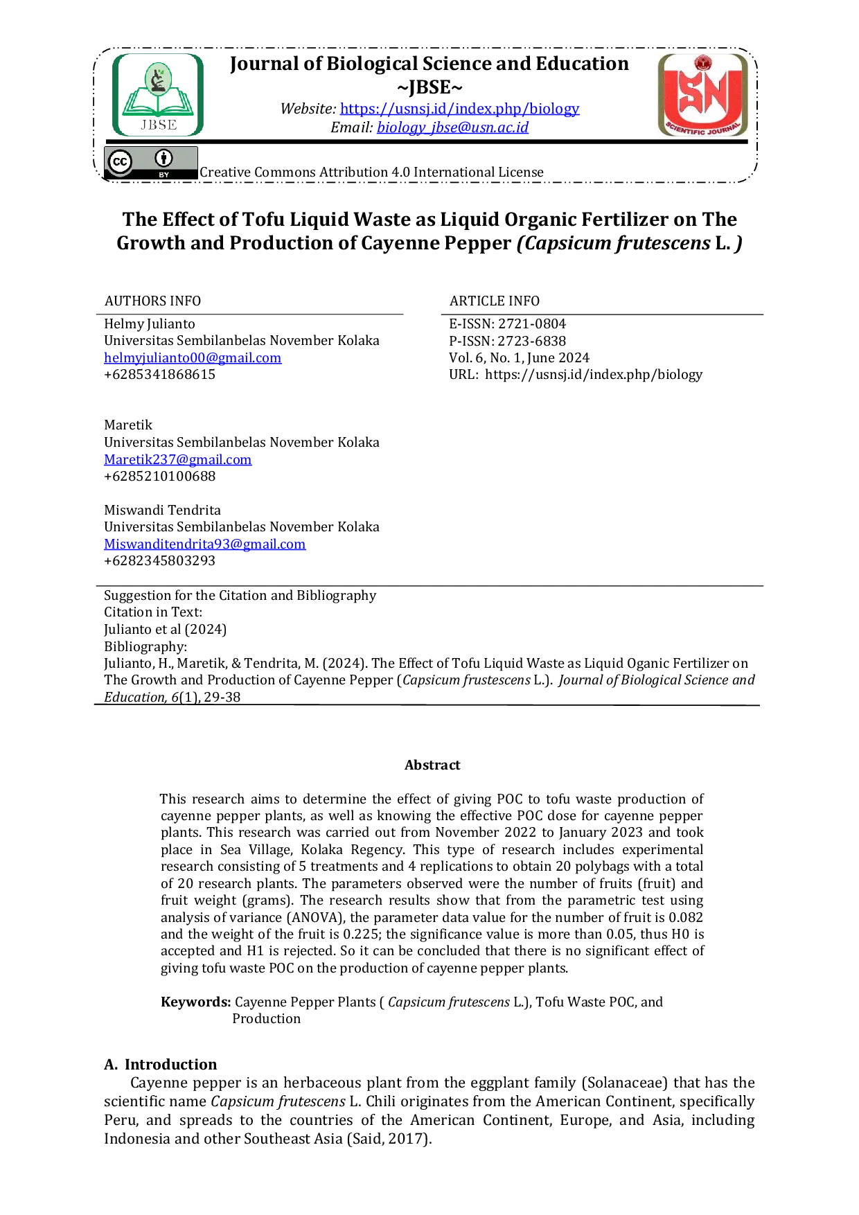 JURIS The Effect of Tofu Liquid Waste as Liquid Organic Fertilizer on The Growth and Production of Cayenne Pepper Capsicum frutescens L