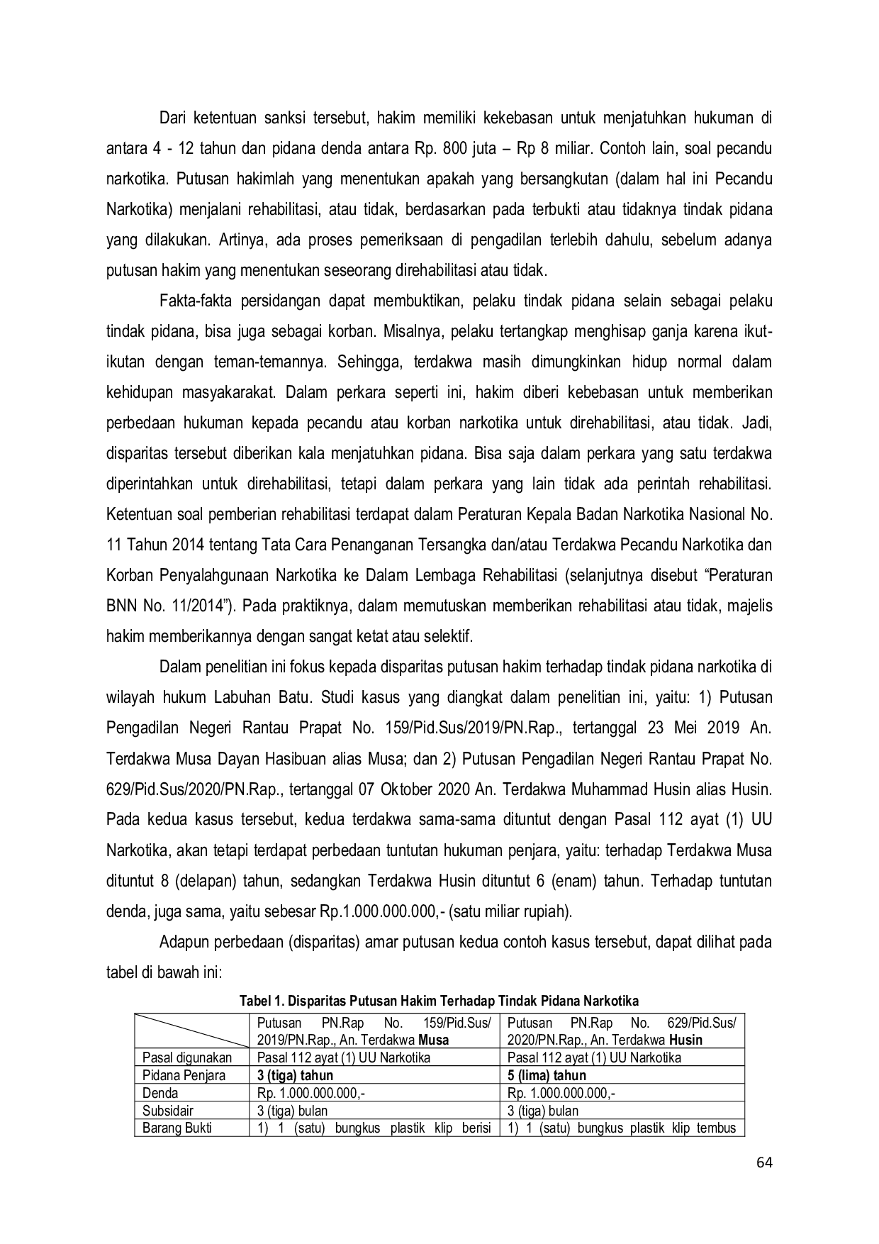 JURIS Disparitas Putusan Hakim Terhadap Tindak Pidana Narkotika di Wilayah Hukum Pengadilan Negeri Rantauprapat Studi Kasus Putusan No 159 Pid Sus 2019 Pn Rap Dan Putusan No 626 Pid Sus 2020 Pn Rap