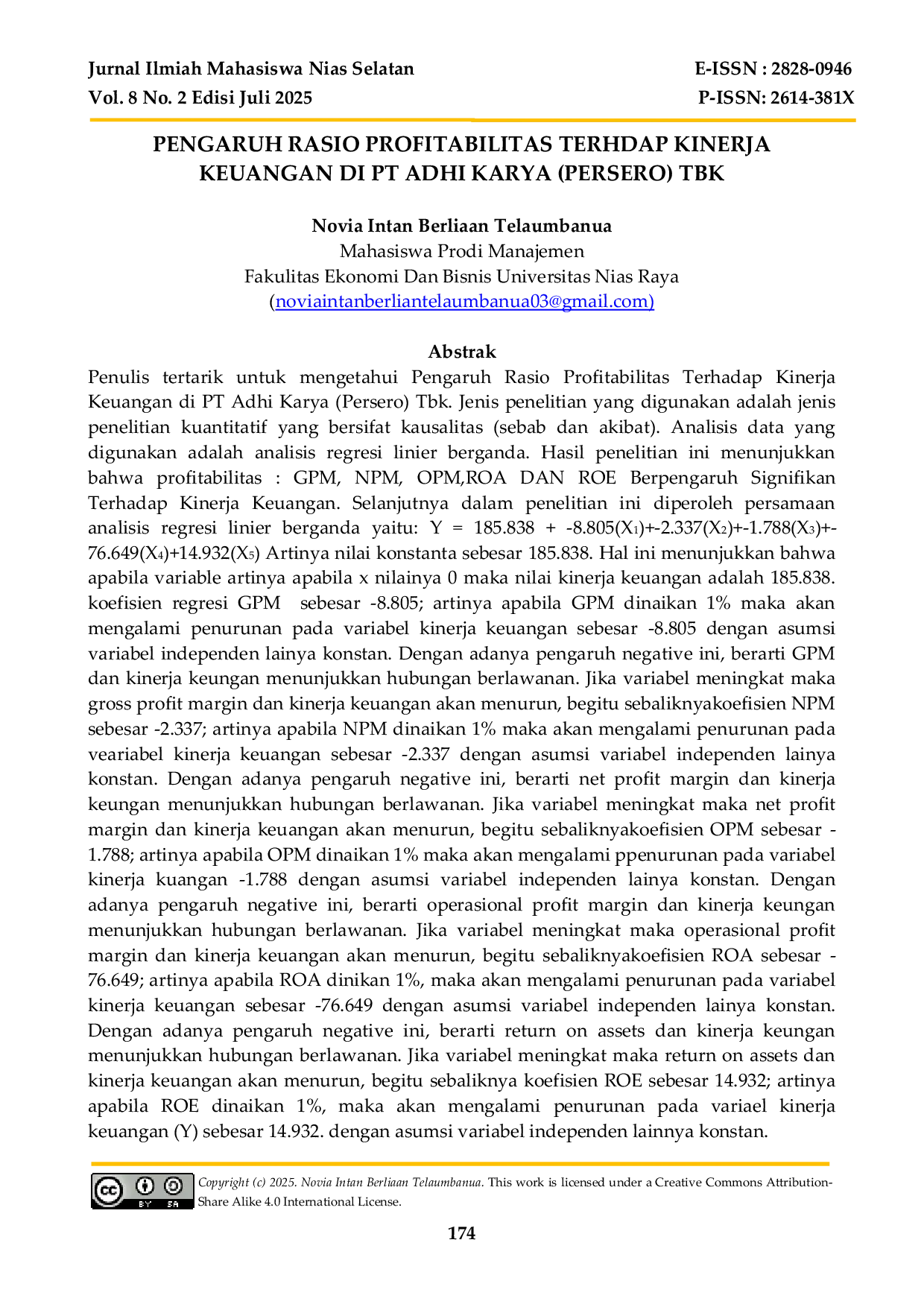 JURIS Pengaruh Rasio Profitabilitas Terhadap Kinerja Keuangan Di Pt Adhi Karya Persero Tbk