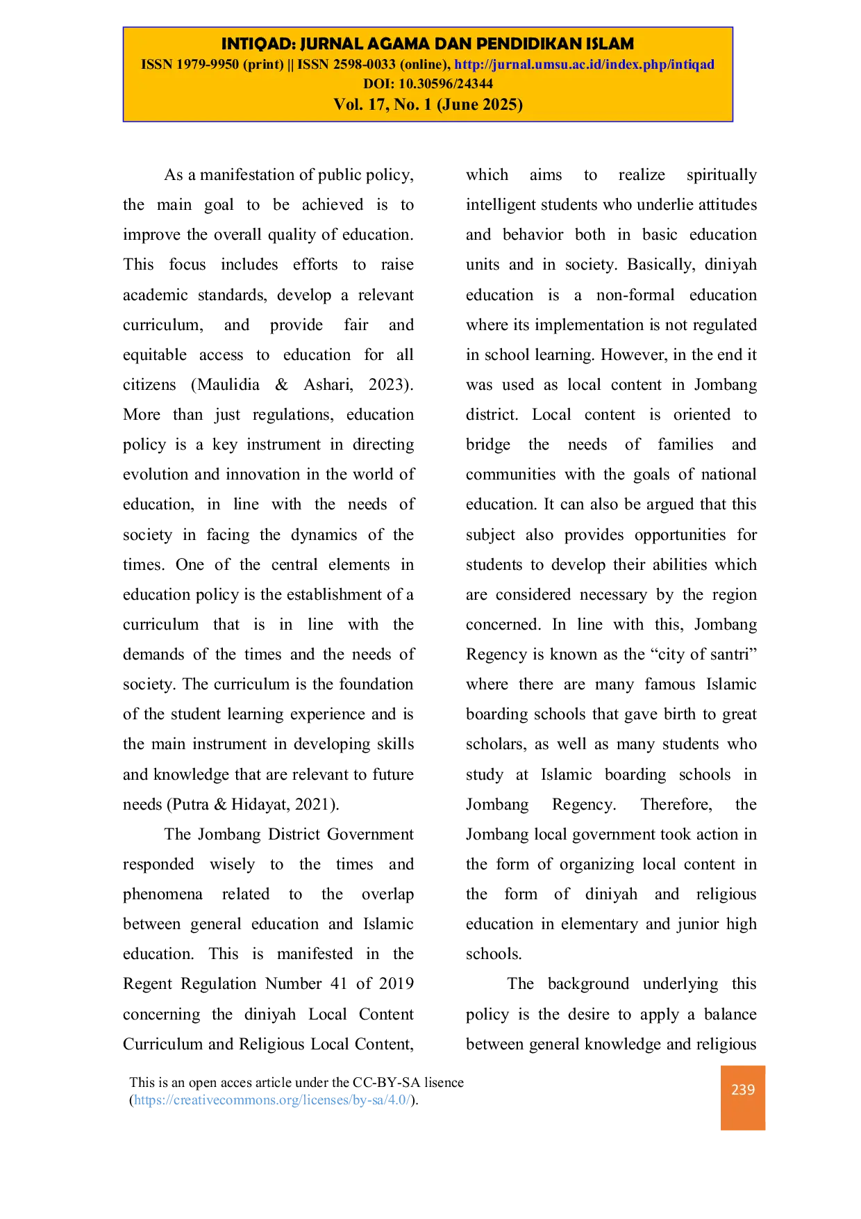 JURIS Implications of Regent Regulation Number 41 of 2019 on Diniyah Takmiliyah Education in Schools in Improving Islamic Religious Knowledge