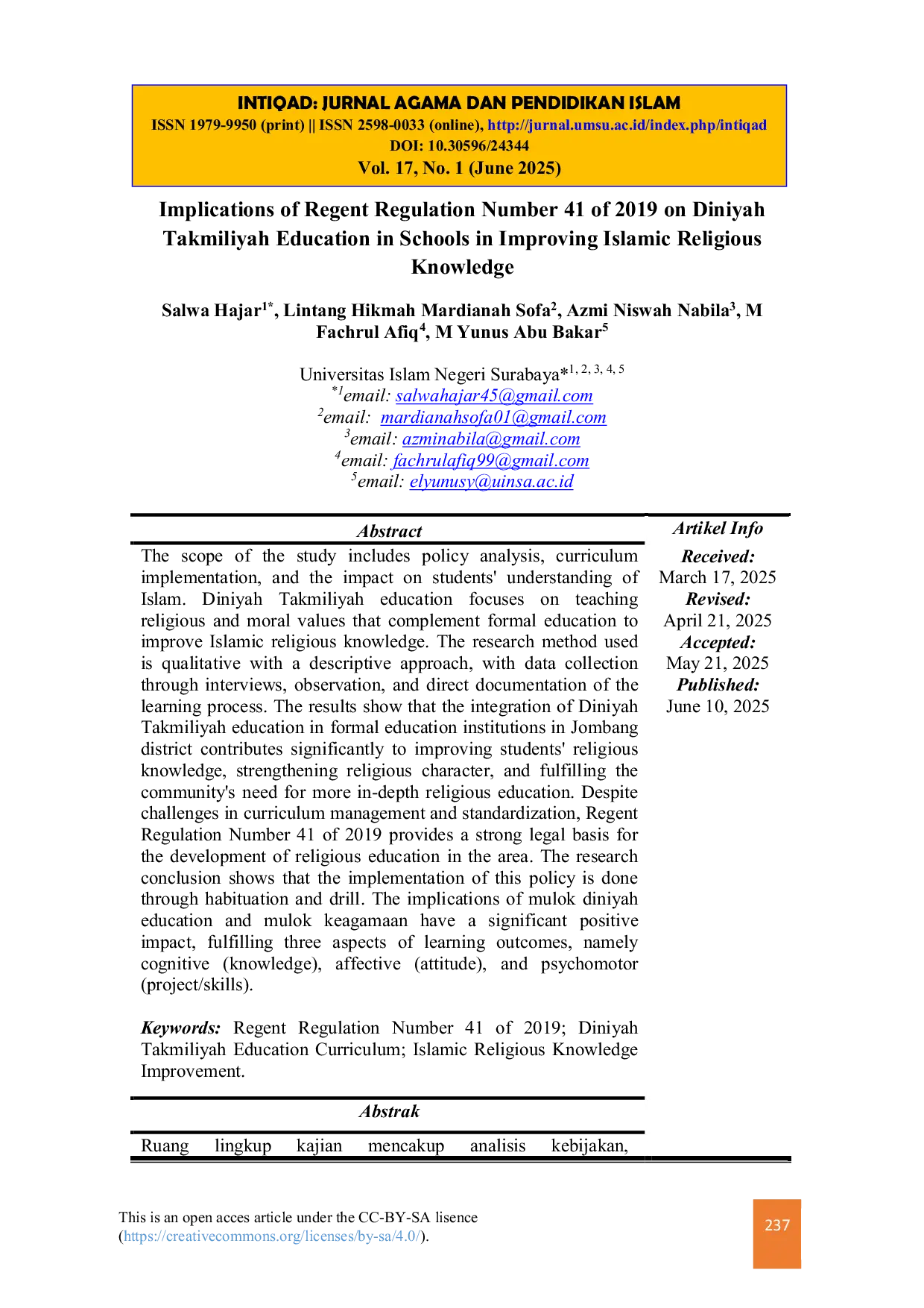 JURIS Implications of Regent Regulation Number 41 of 2019 on Diniyah Takmiliyah Education in Schools in Improving Islamic Religious Knowledge